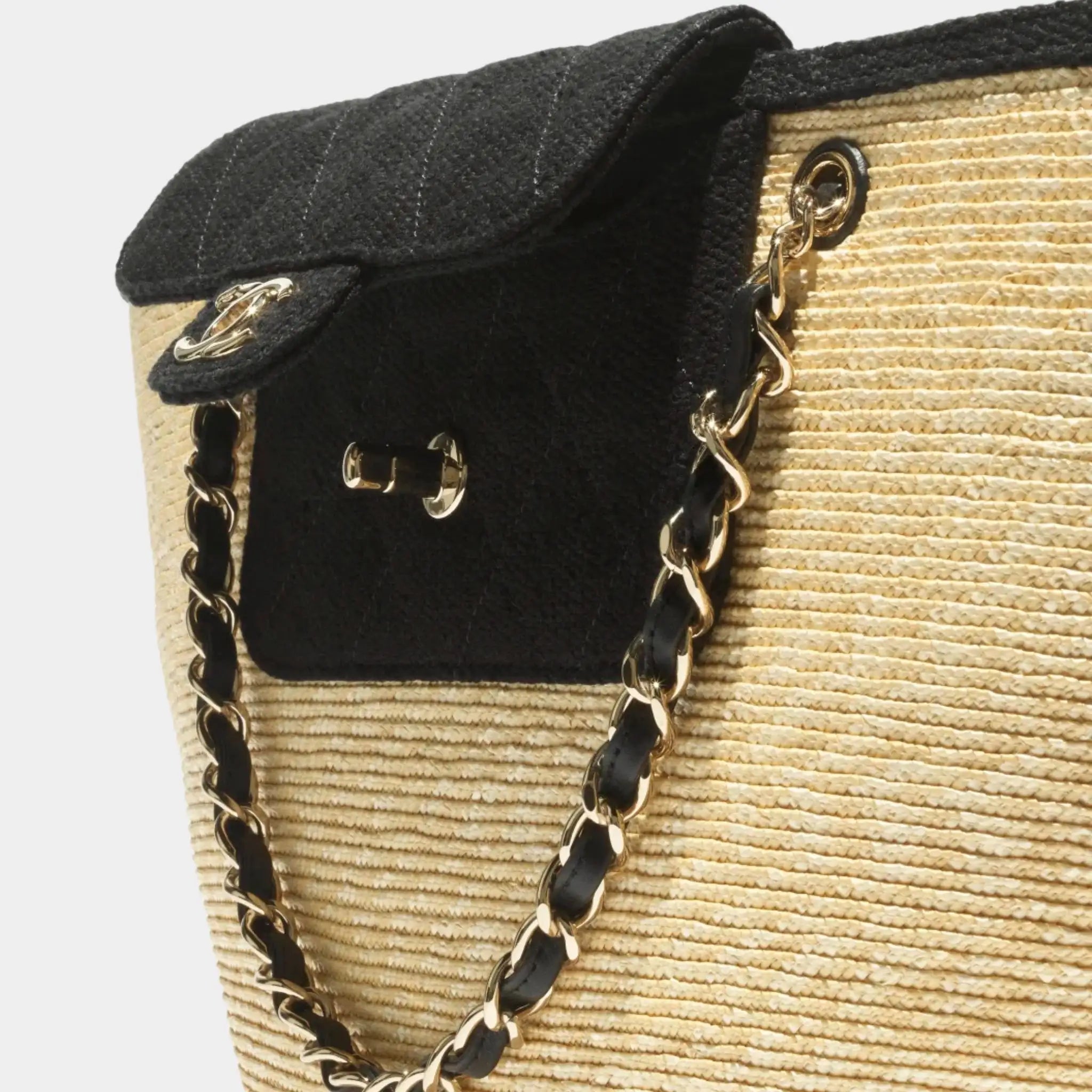 Chanel Large tote Bag Straw Canvas Lambskin &amp; Metal Beige &amp; Black