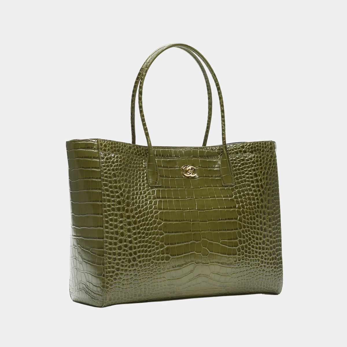 Large Tote Bag Crocodile-Embossed Calfskin &amp; Gold-Tone Metal Khaki