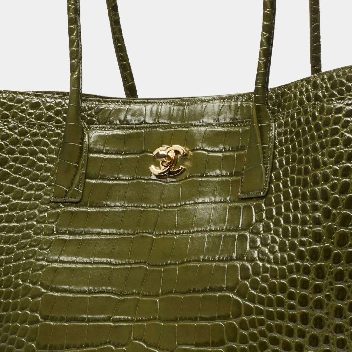 Large Tote Bag Crocodile-Embossed Calfskin &amp; Gold-Tone Metal Khaki