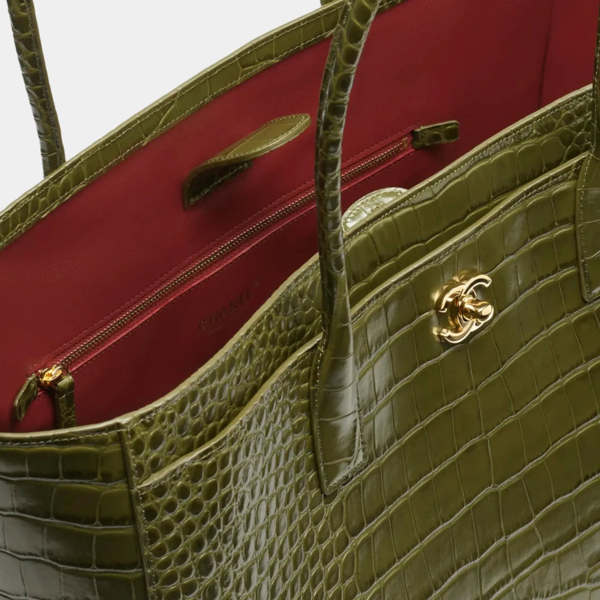 Large Tote Bag Crocodile-Embossed Calfskin &amp; Gold-Tone Metal Khaki