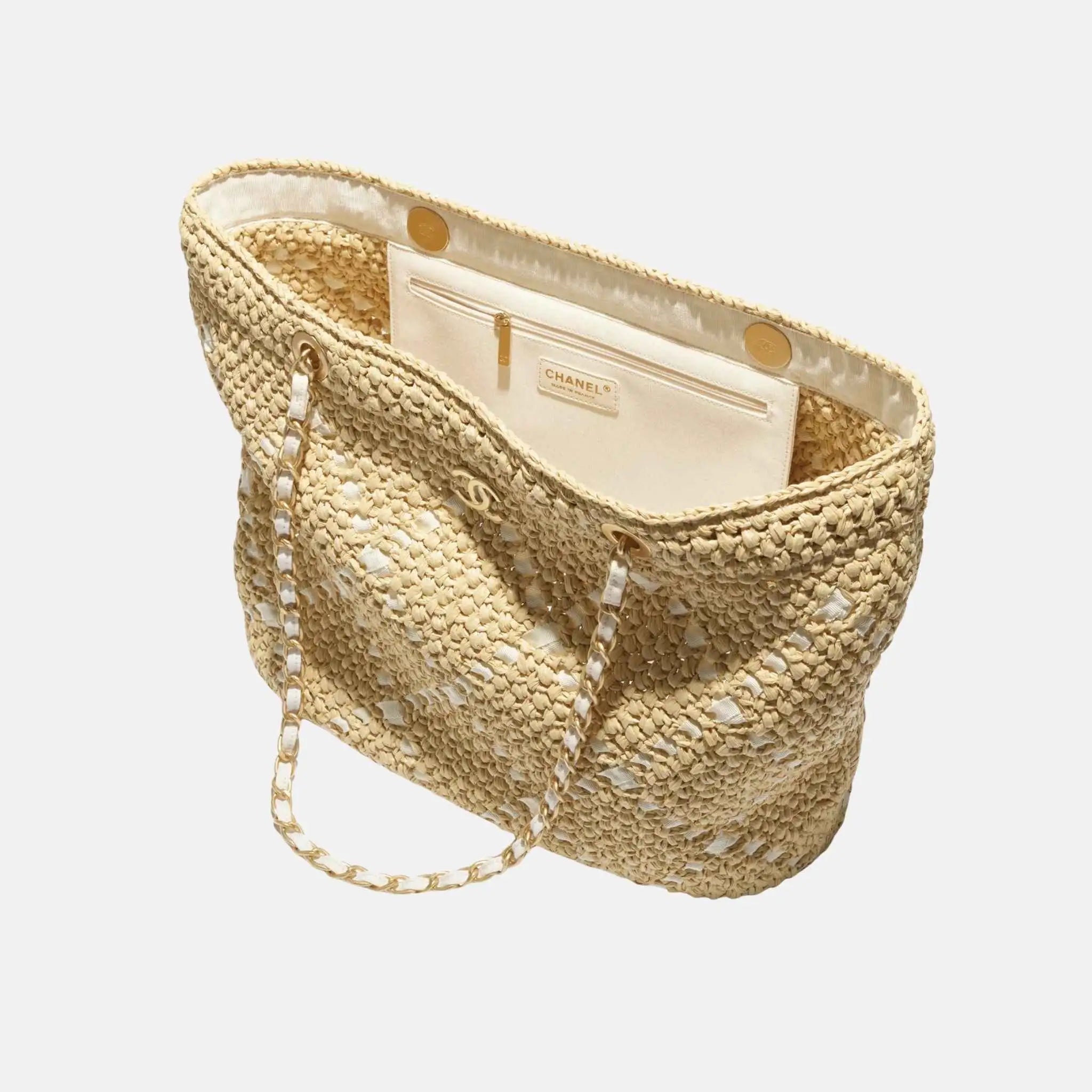 Large Tote Braided Raffia Cotton Grosgain Ribbon &amp; gold tone metal