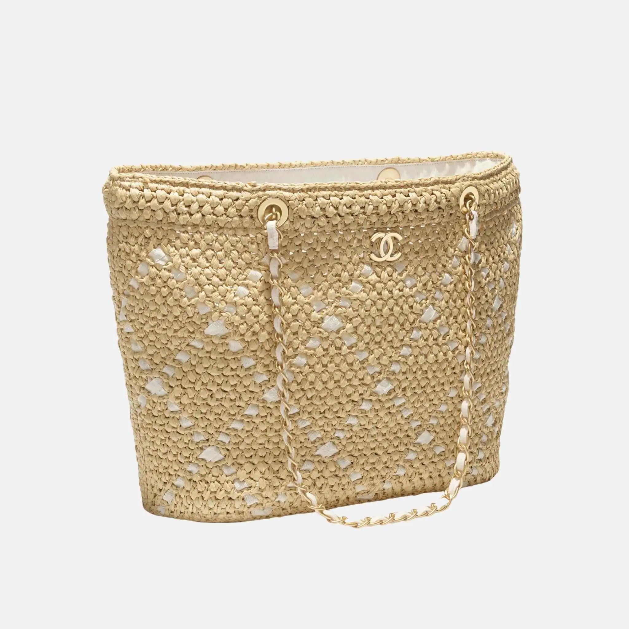 Large Tote Braided Raffia Cotton Grosgain Ribbon &amp; gold tone metal