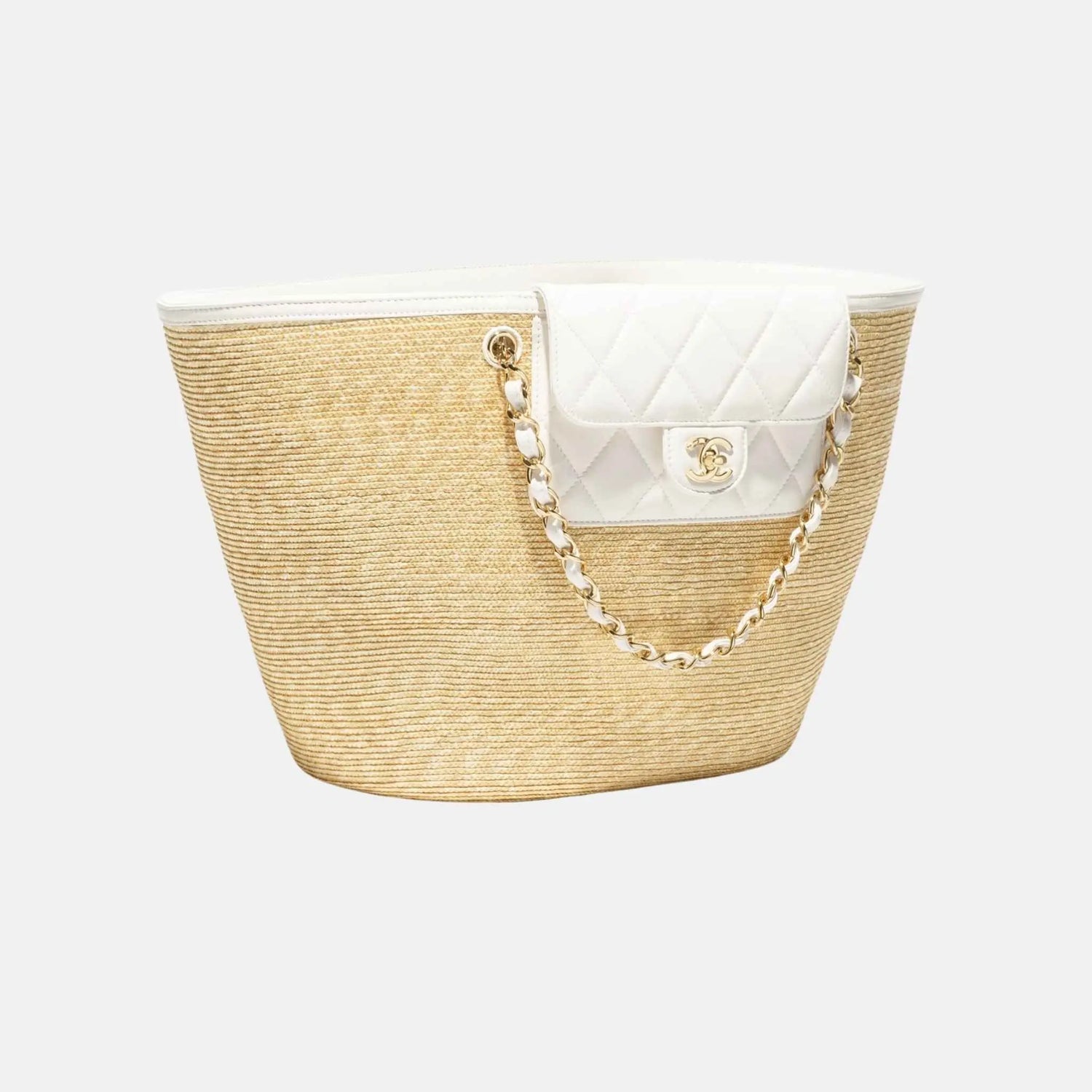 Large Tote Braided Straw Lambskin Gold Tone Metal