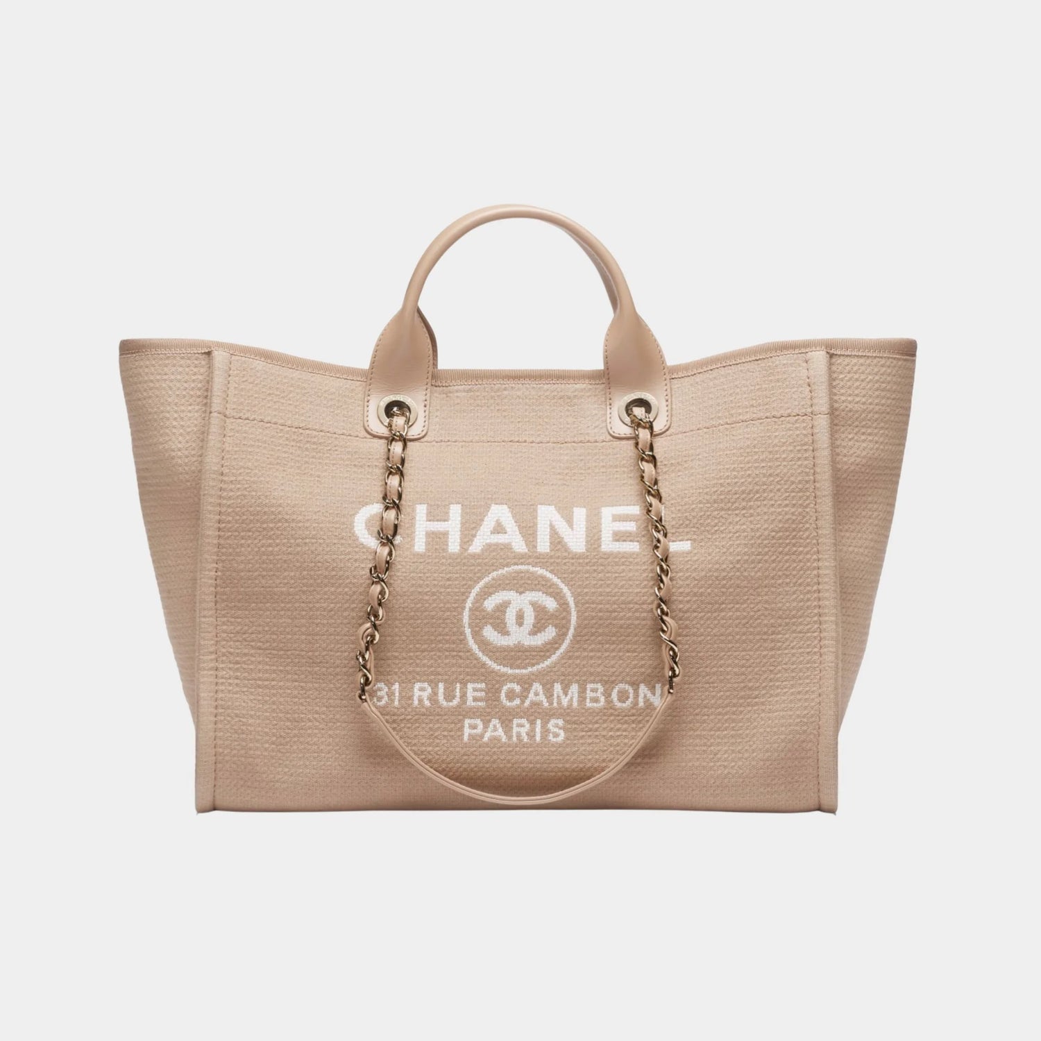Chanel Large Tote Canvas &amp; Gold Tone Metal Dark Beige, Front 