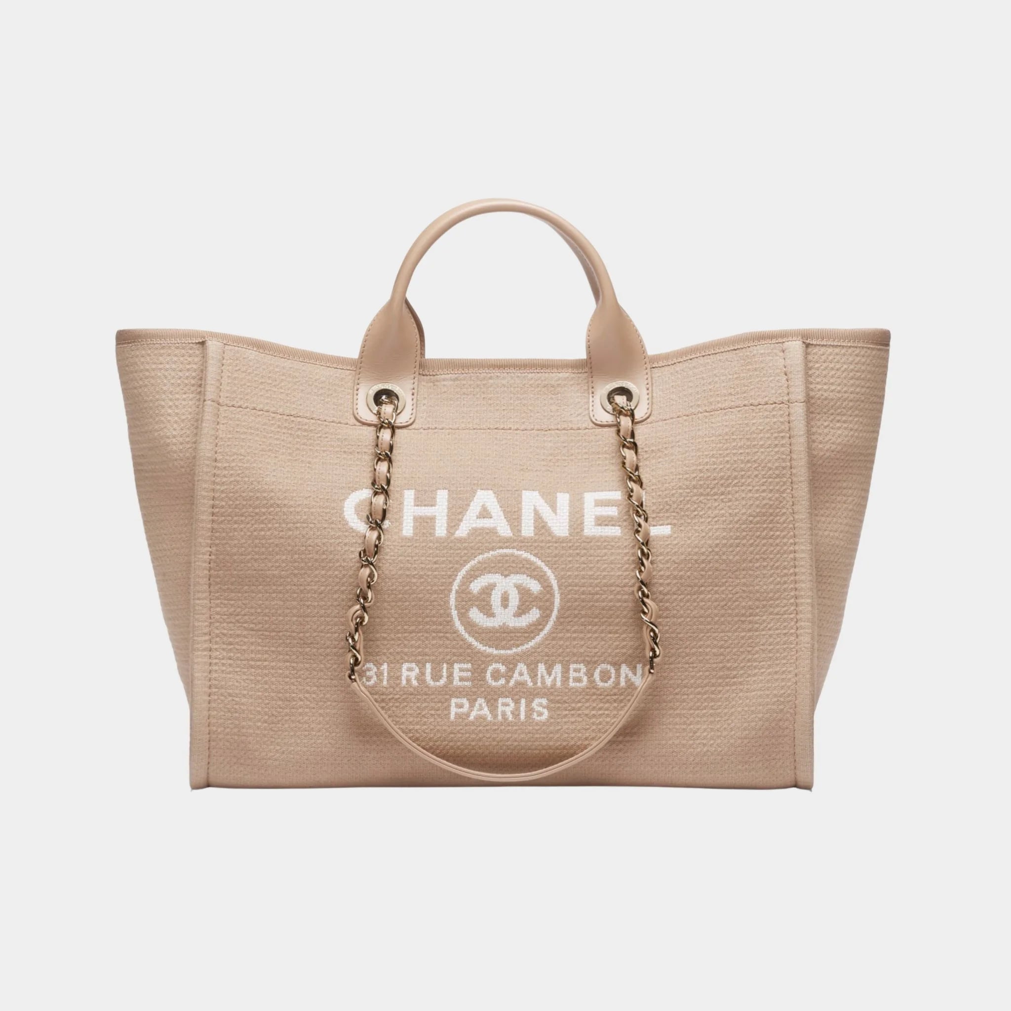 Chanel Large Tote Canvas &amp; Gold Tone Metal Dark Beige, Front 