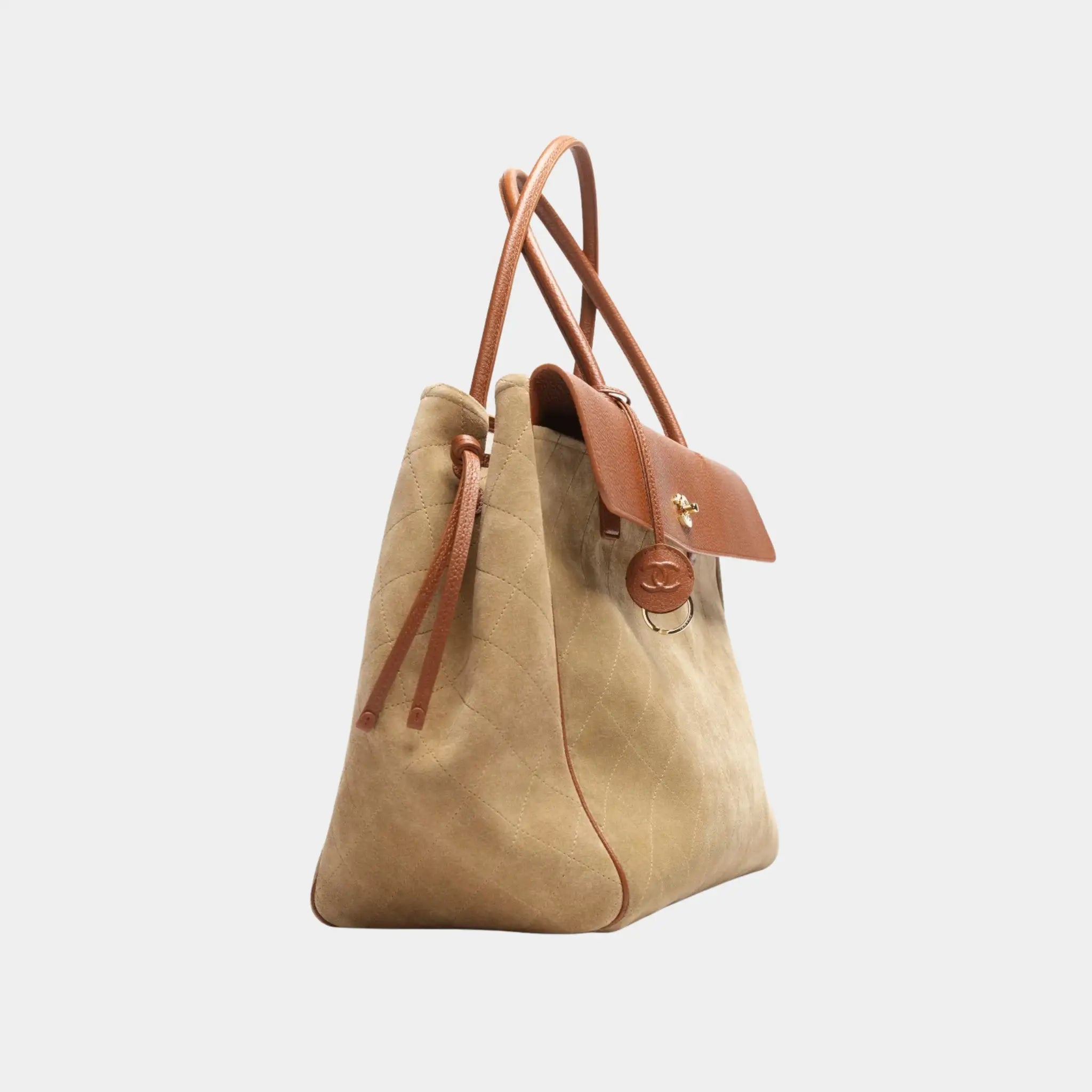 Chanel Large Tote in Suede &amp; Grained Calfskin, Dark Beige, Camel, Side