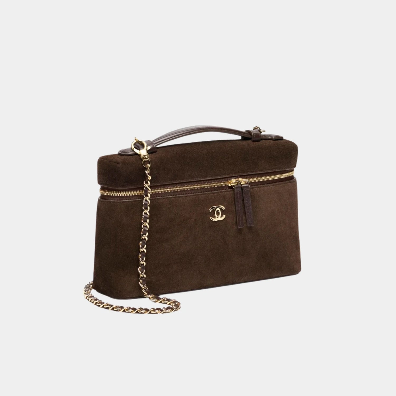 Chanel Large Vanity with chain in Dark Brown Suede Calfskin, Side