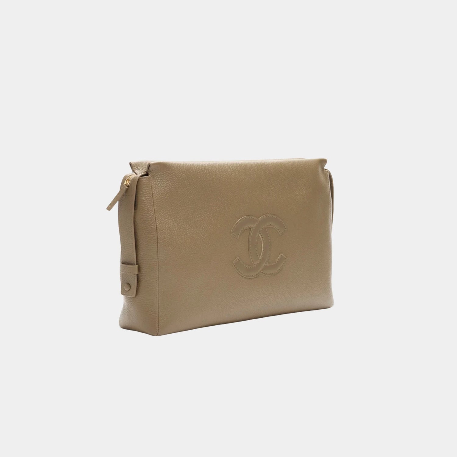 Chanel Large Zipped Pouch in Dark Khaki Grained Calfskin, Side