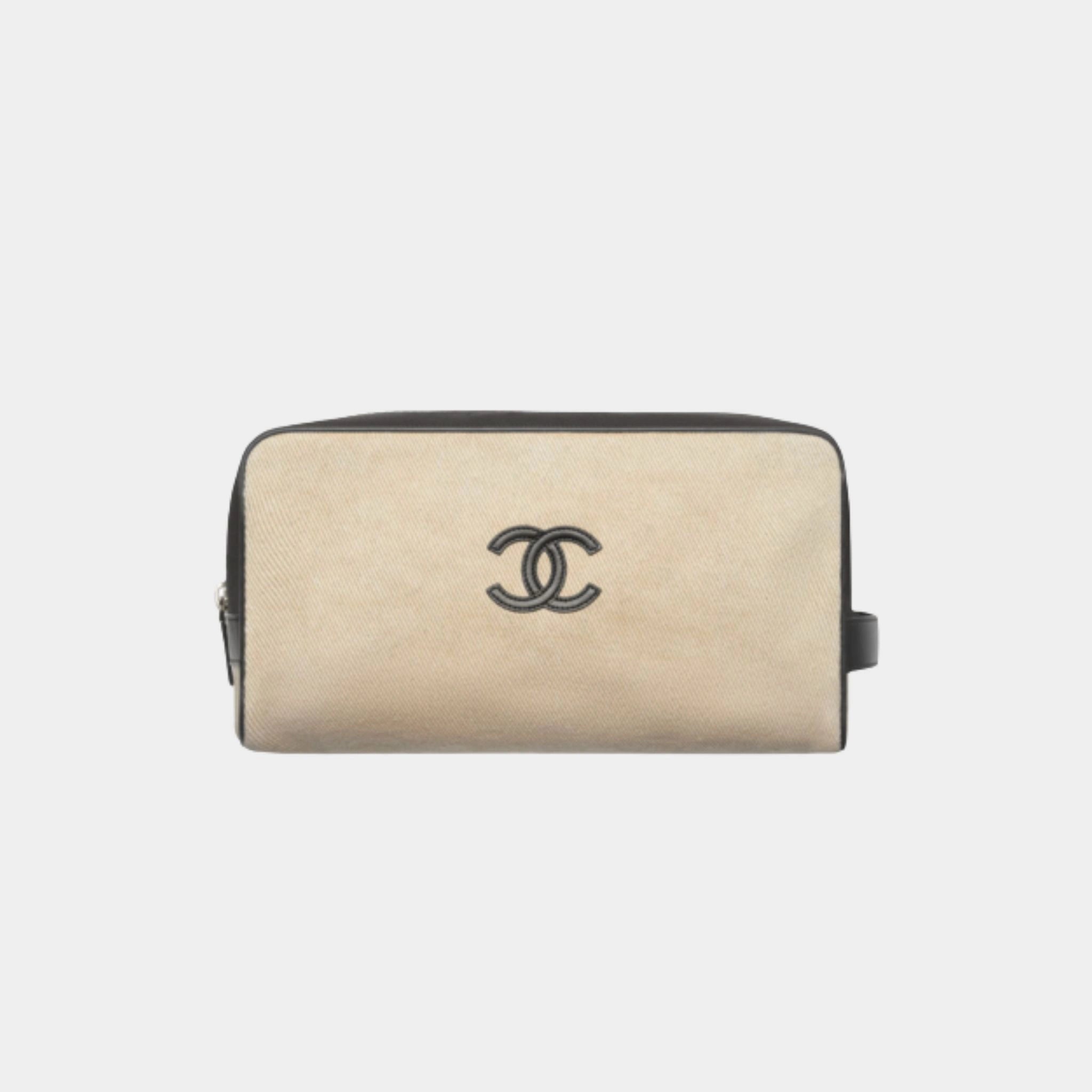 Large Zippered Pouch Canvas Calfskin &amp; Silver-Plated Metal