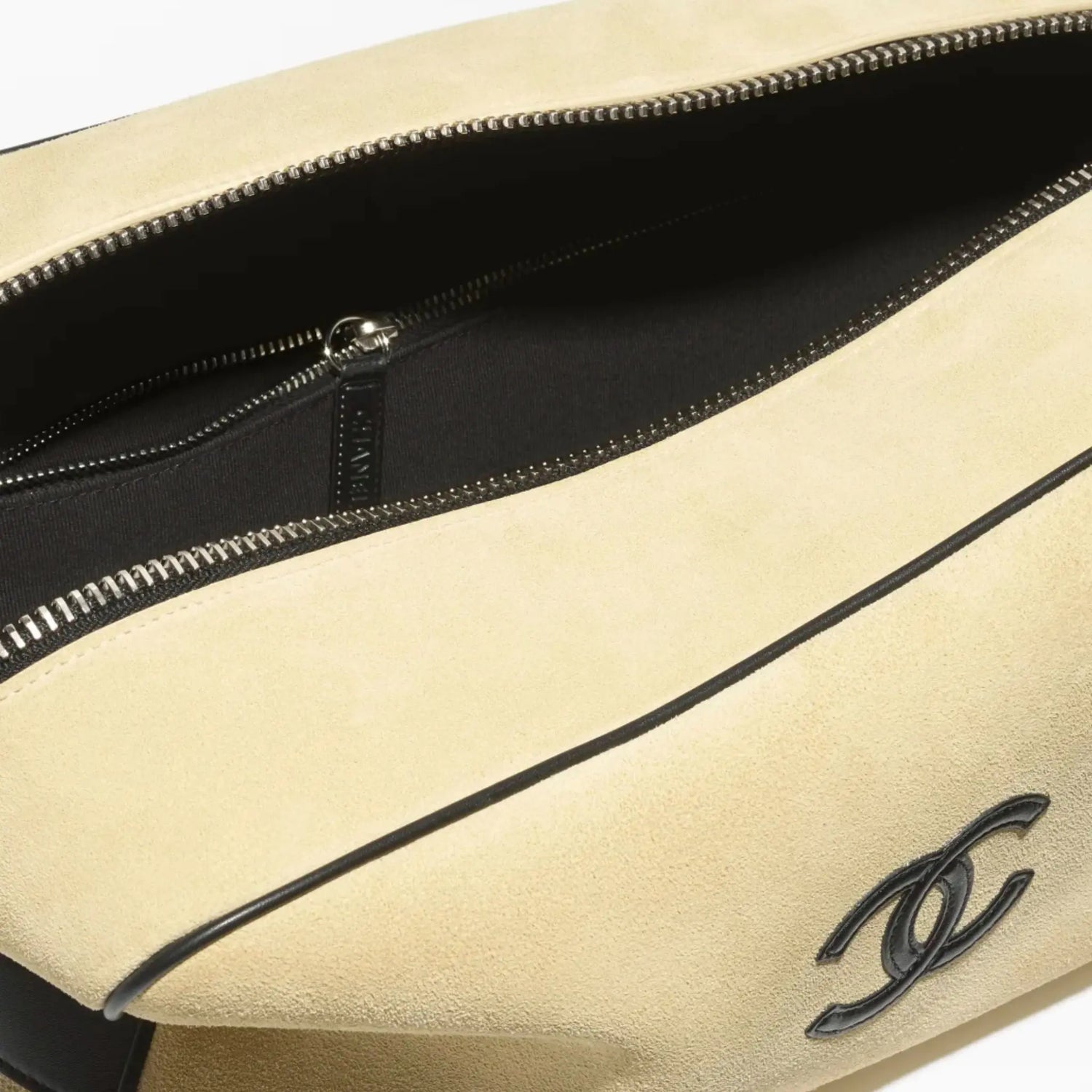 Large Zippered Pouch Suede Calfskin &amp; Silver-Plated Metal Beige