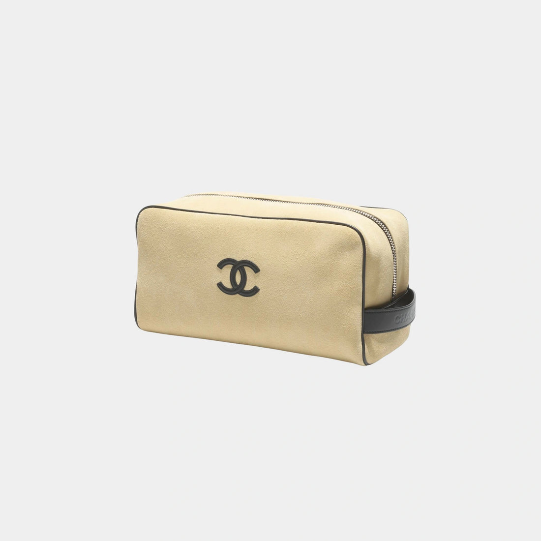 Large Zippered Pouch Suede Calfskin &amp; Silver-Plated Metal Beige
