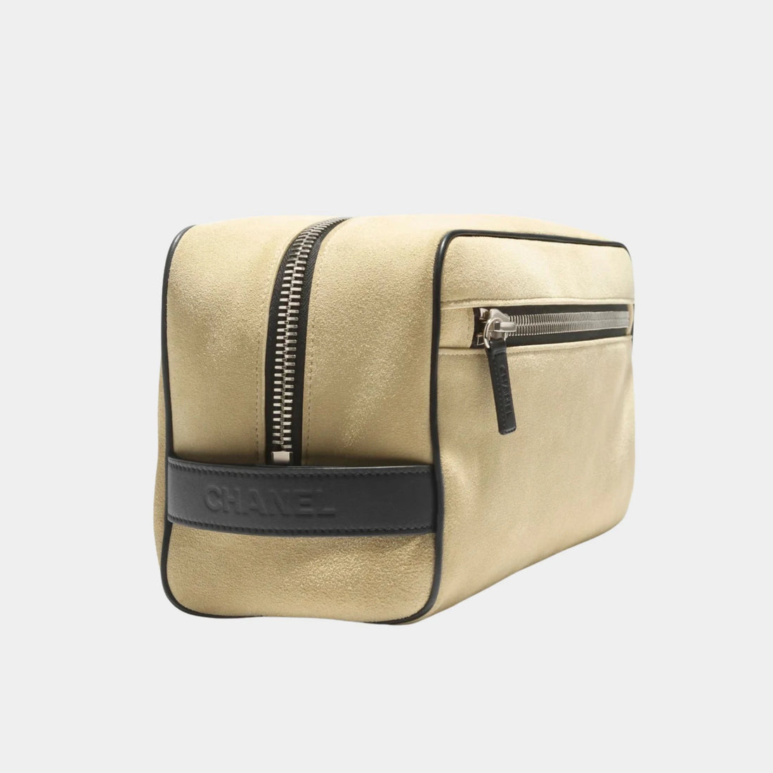 Large Zippered Pouch Suede Calfskin & Silver-Plated Metal Beige