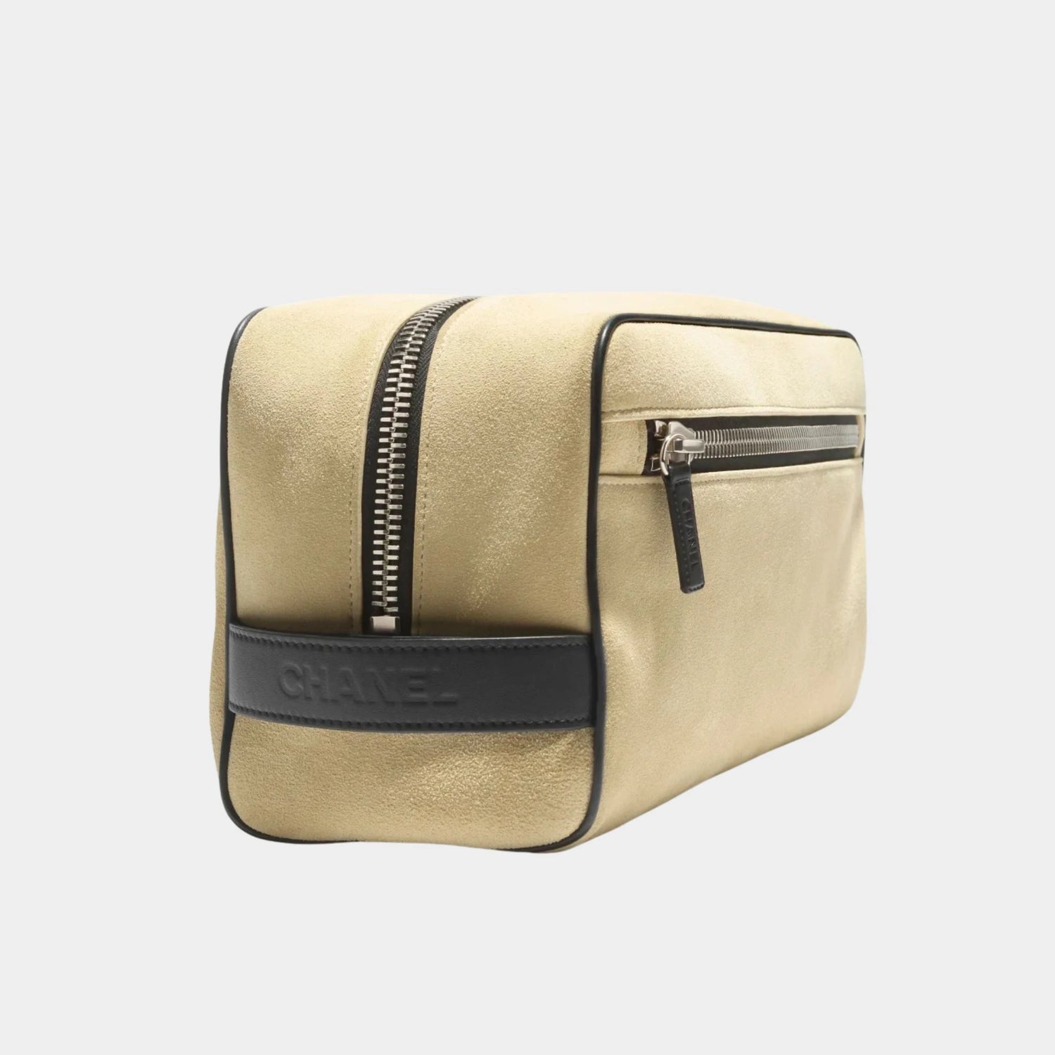 Large Zippered Pouch Suede Calfskin &amp; Silver-Plated Metal Beige