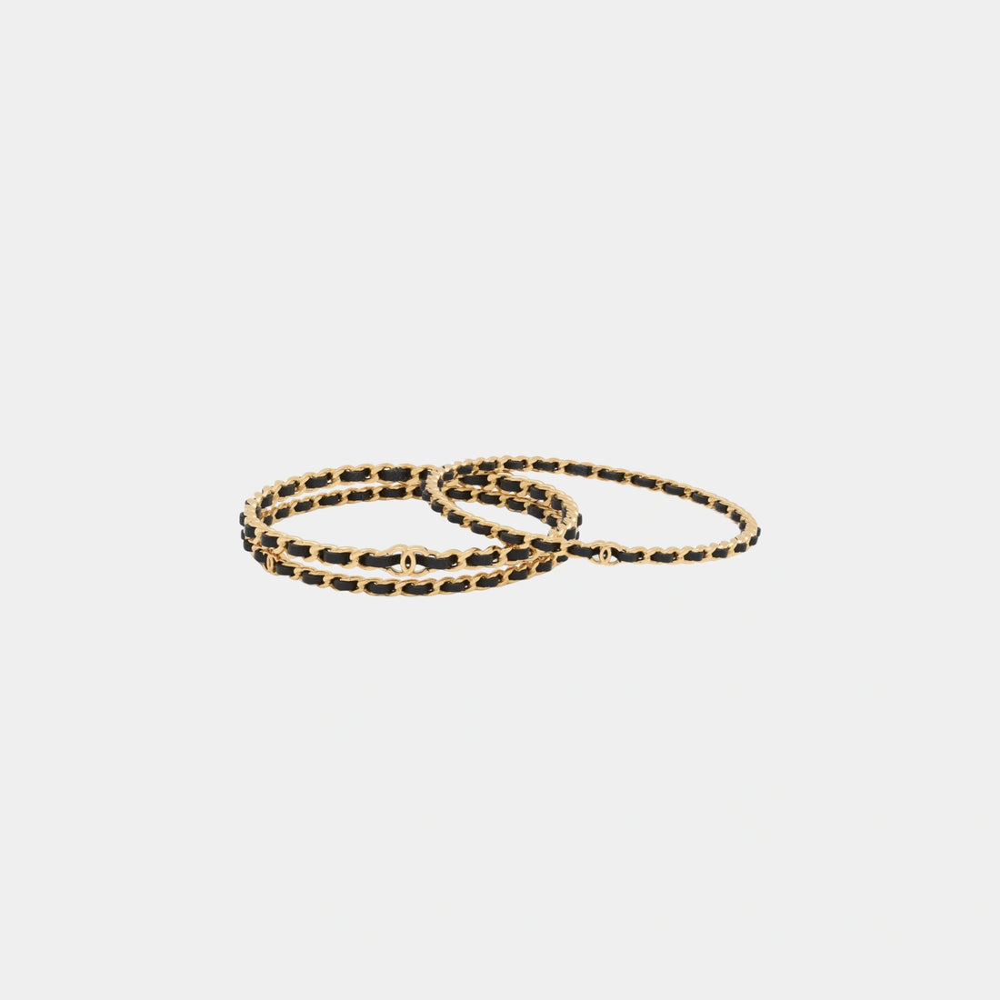 Chanel Layered Cuff Bracelet in Gold Metal and Black Lambskin, Front