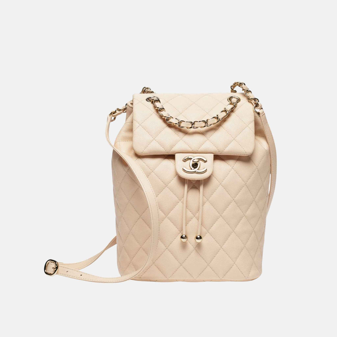 Chanel Light Beige Backpack In Grained Shiny Calfskin And Gold Tone, Front