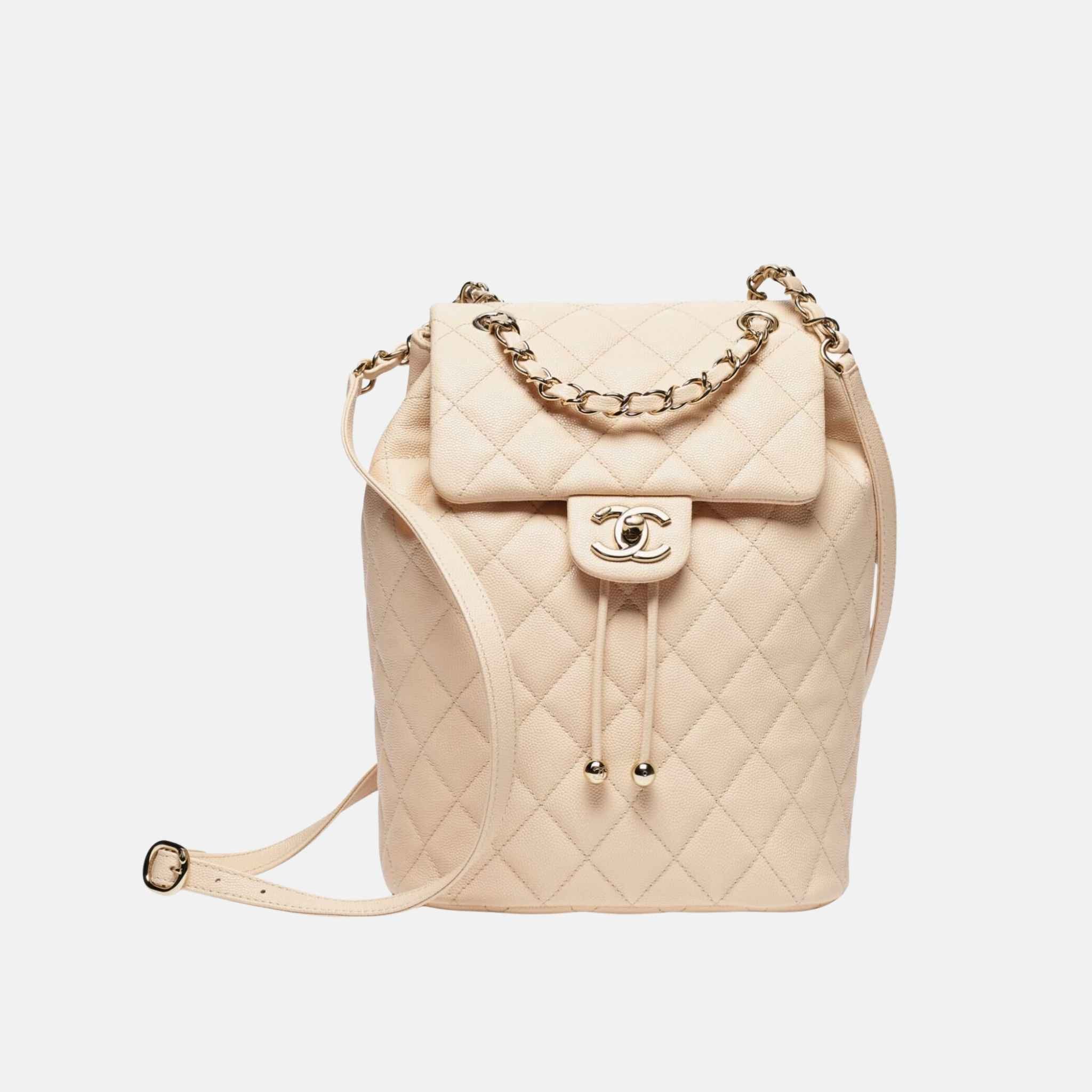 Chanel Light Beige Backpack In Grained Shiny Calfskin And Gold Tone, Front