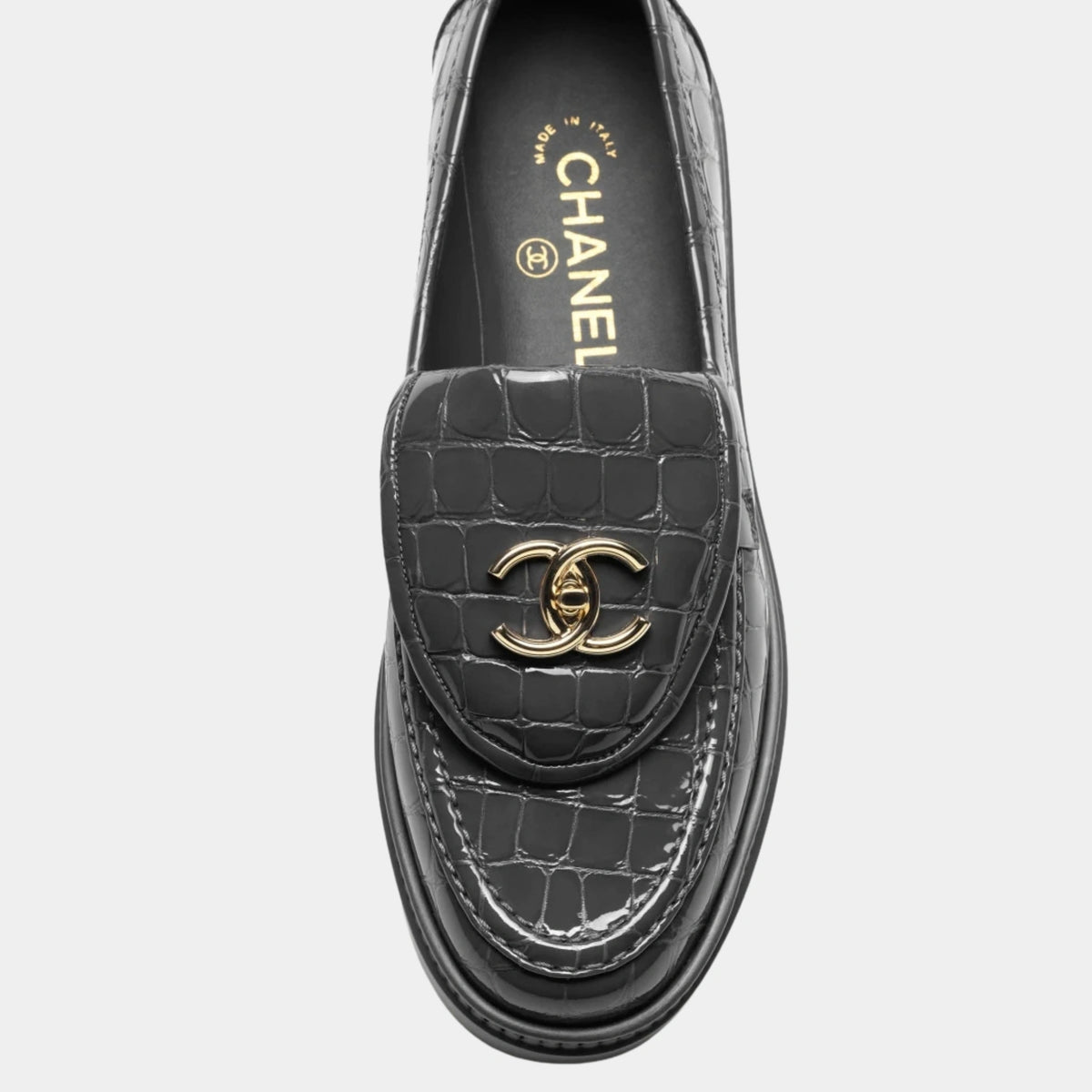 Chanel Loafers Crocodile Embossed Patent Calfskin Dark Grey