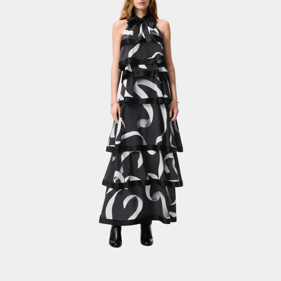 Chanel Long Dress in Printed Silk Charmeuse, Black, White, Grey, Front