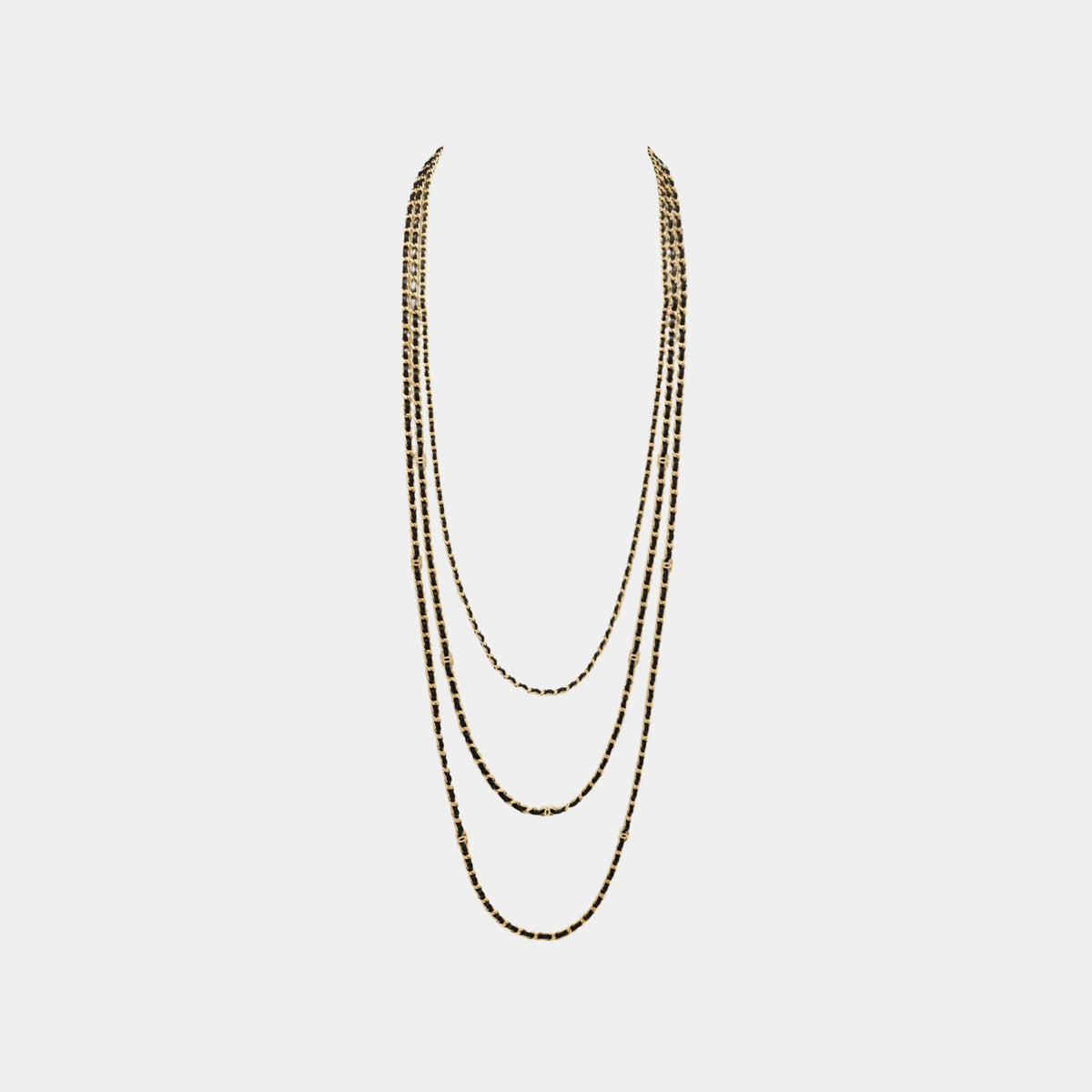 Long Layered Necklace in Gold Metal & Black Lambskin