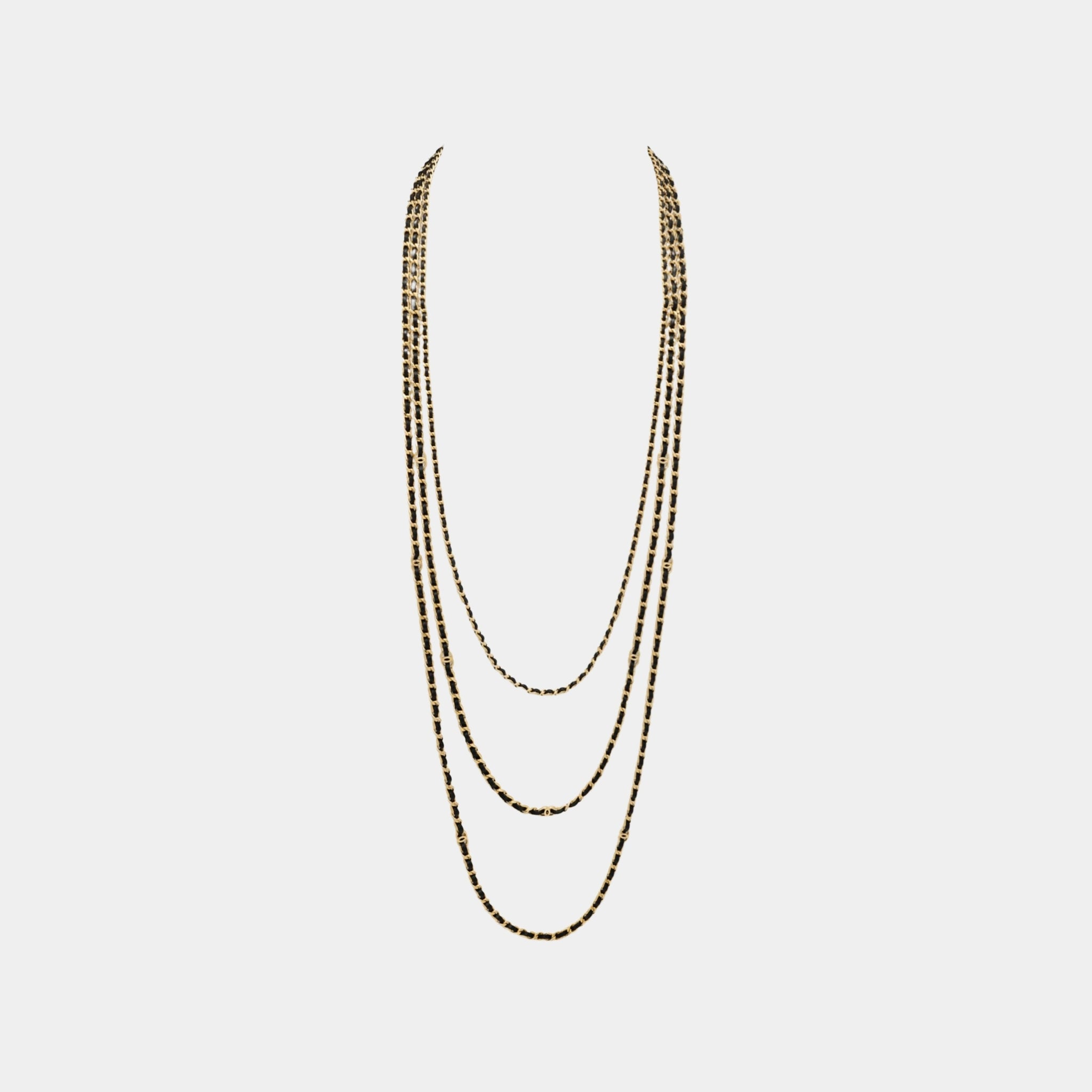 Chanel Long Layered Necklace in Gold Metal &amp; Black Lambskin, Front