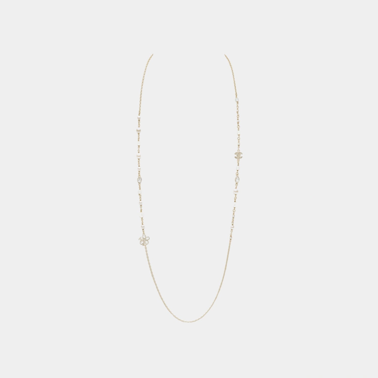 Long Necklace in Gold Metal with Glass Pearls and Crystal