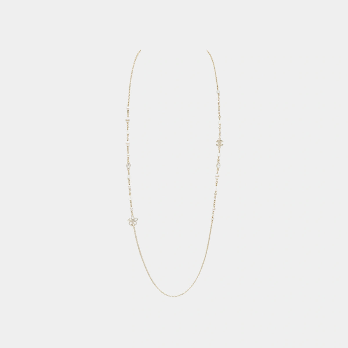 Long Necklace in Gold Metal with Glass Pearls and Crystal