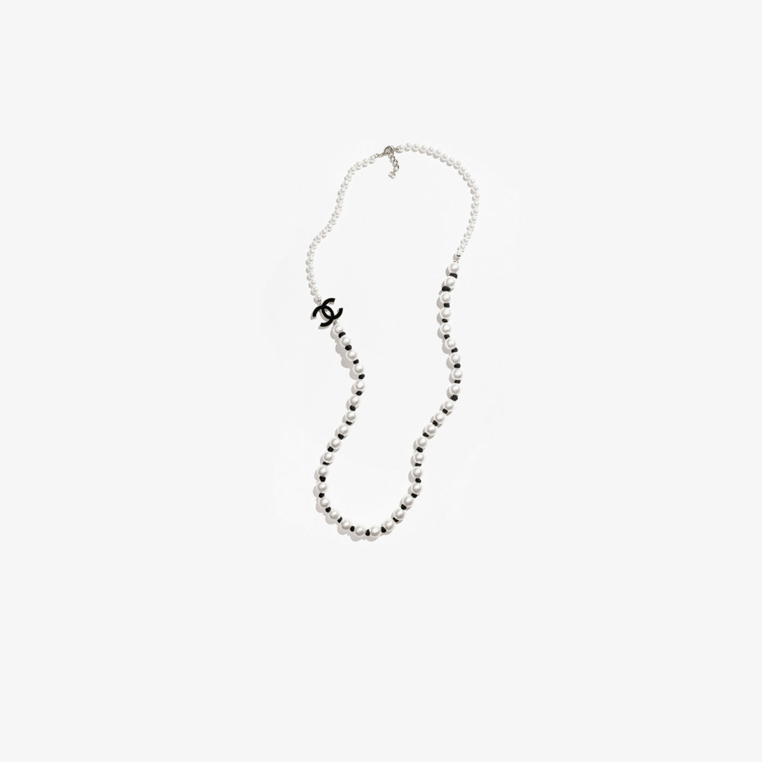 Chanel Long Necklace Metal Glass & Imitation Pearls Silk Resin, Black, Top