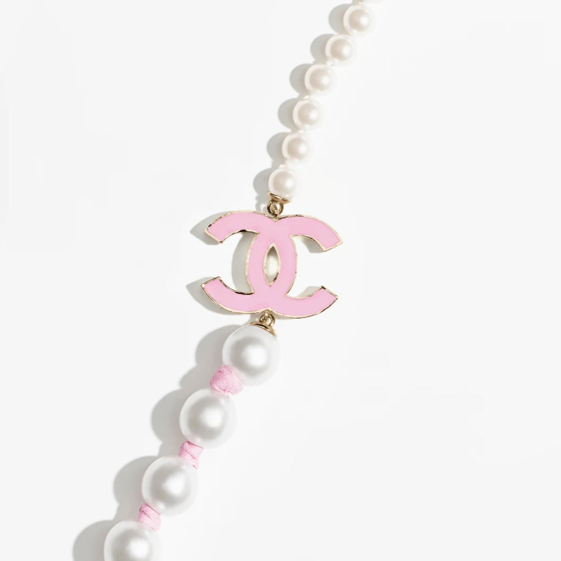 Long Necklace Metal Glass Imitation Pearls Silk Resin, Pink, Logos