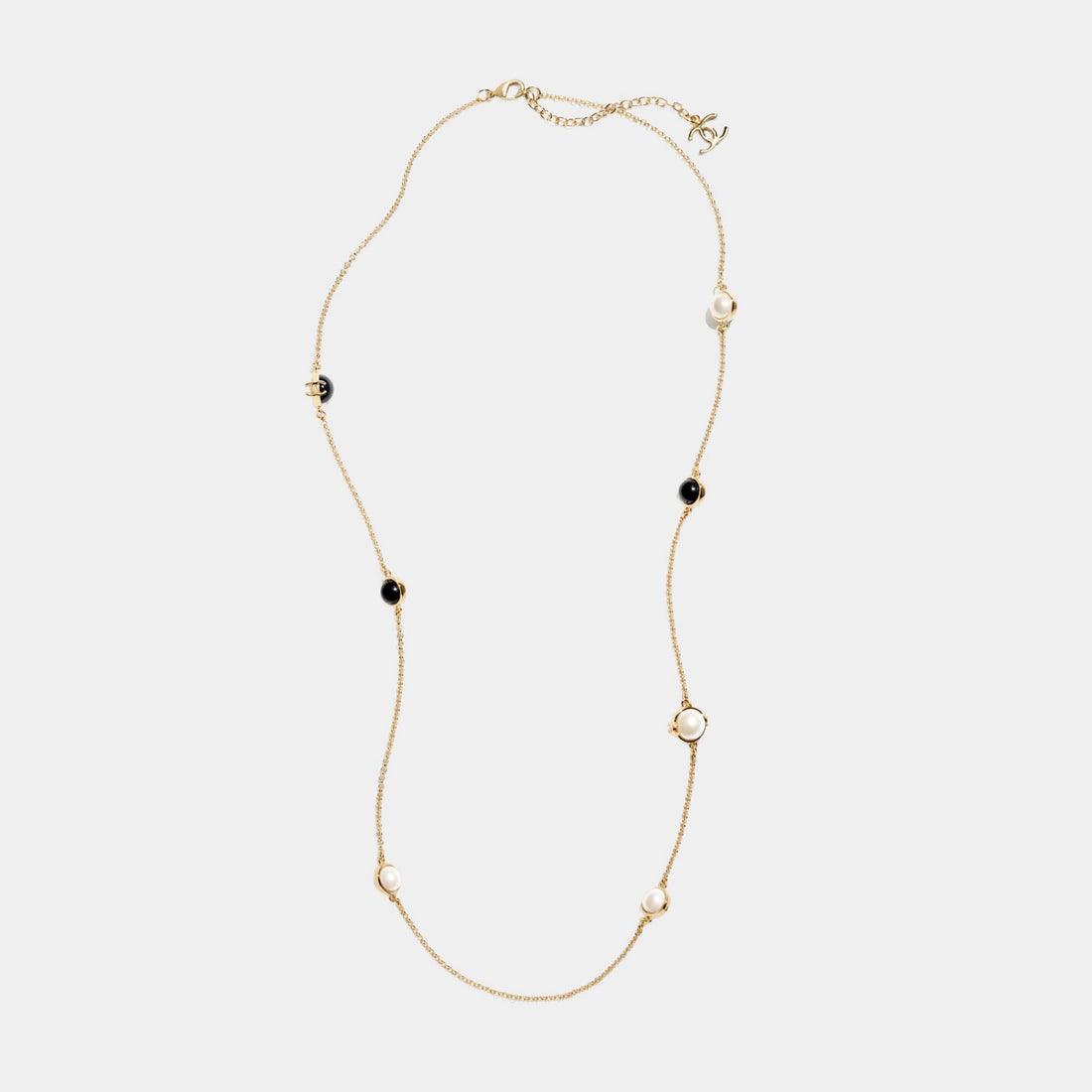 Long Necklace Metal & Resin Gold Black & Pearly White