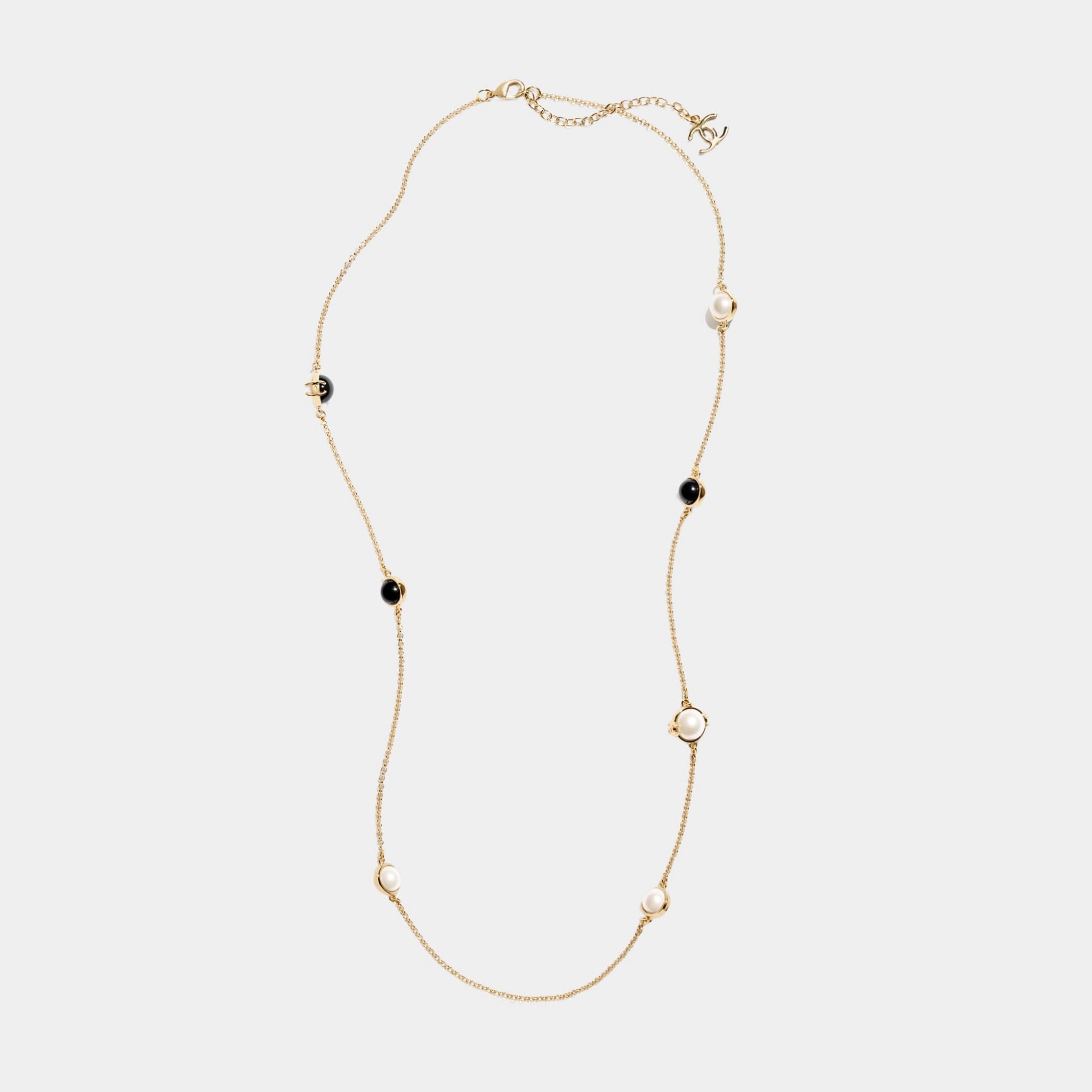 Long Necklace Metal &amp; Resin Gold Black &amp; Pearly White