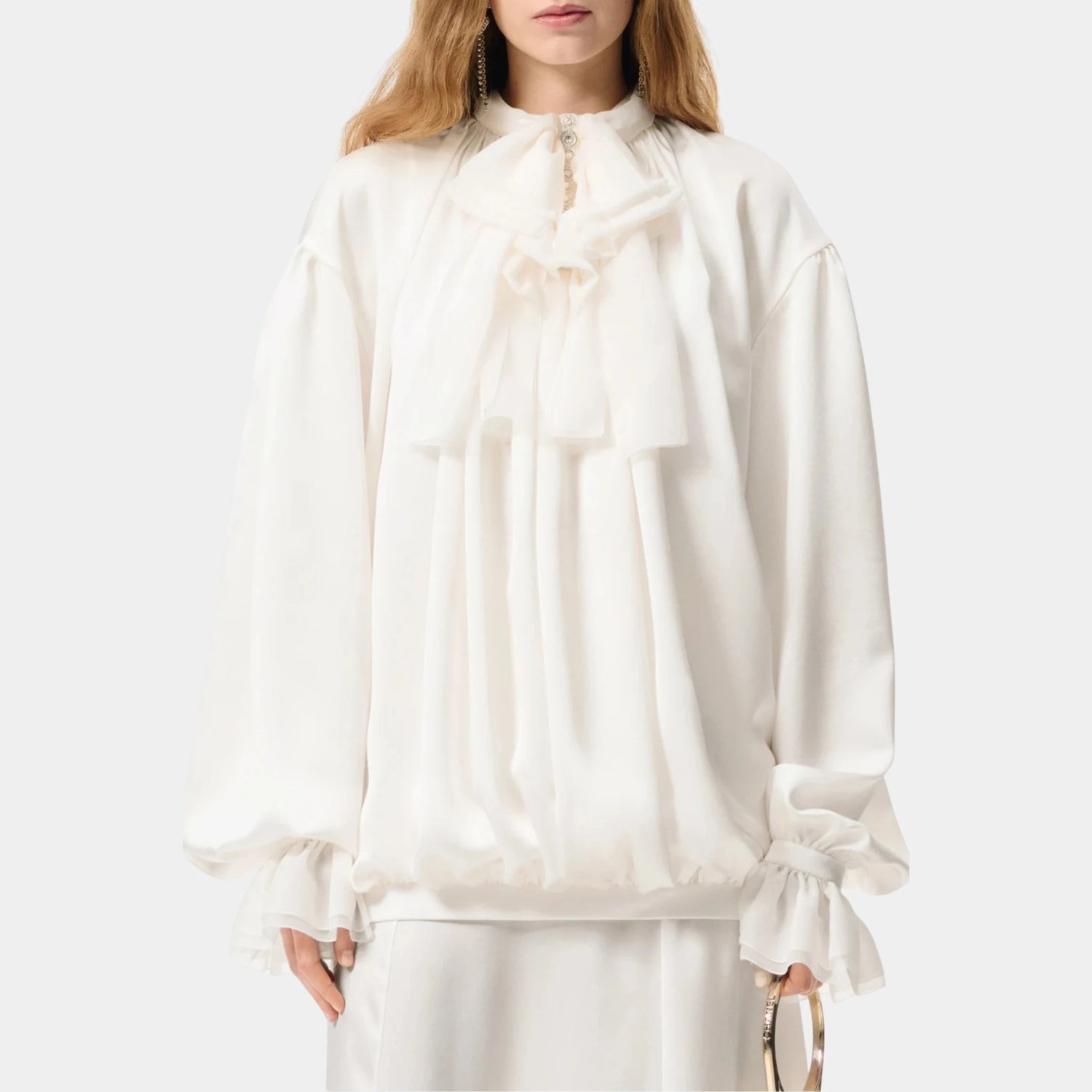 Chanel Long Sleeve Blouse Silk Satin with Pearl Embroidery, White