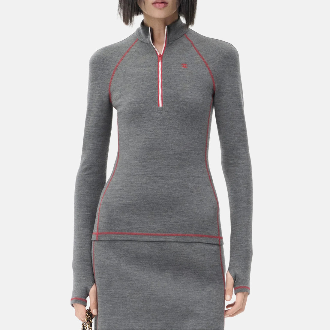 Chanel Long Sleeve Top Jersey in Grey, Coco Neige 2026, worn front view