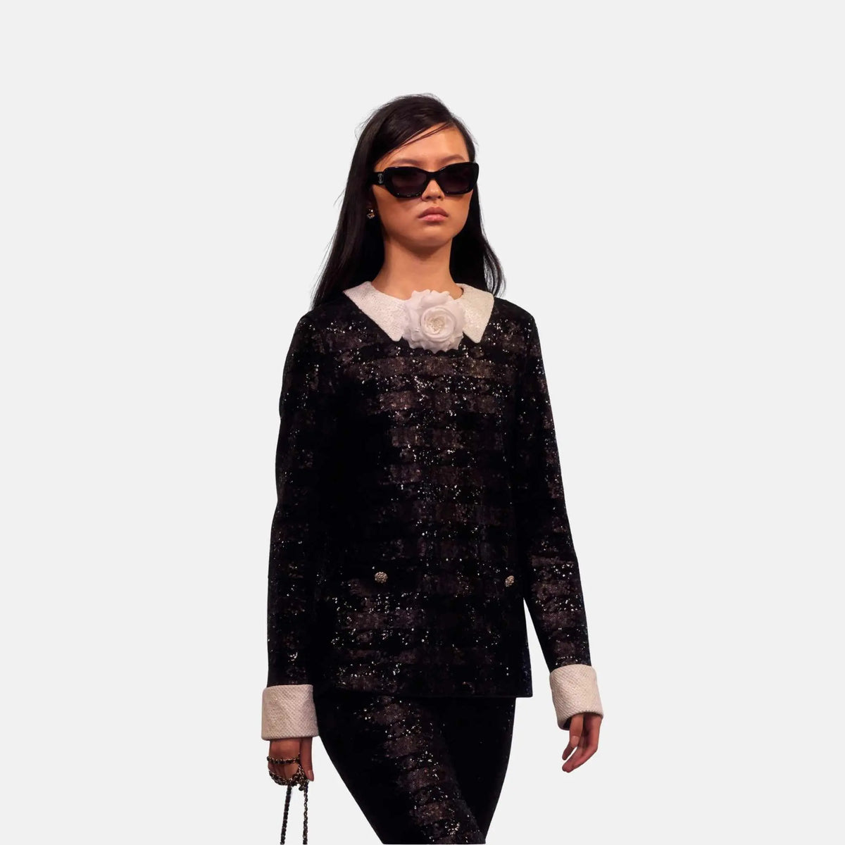 Long Sleeved Blouse in Mixed Fibers and Sequins