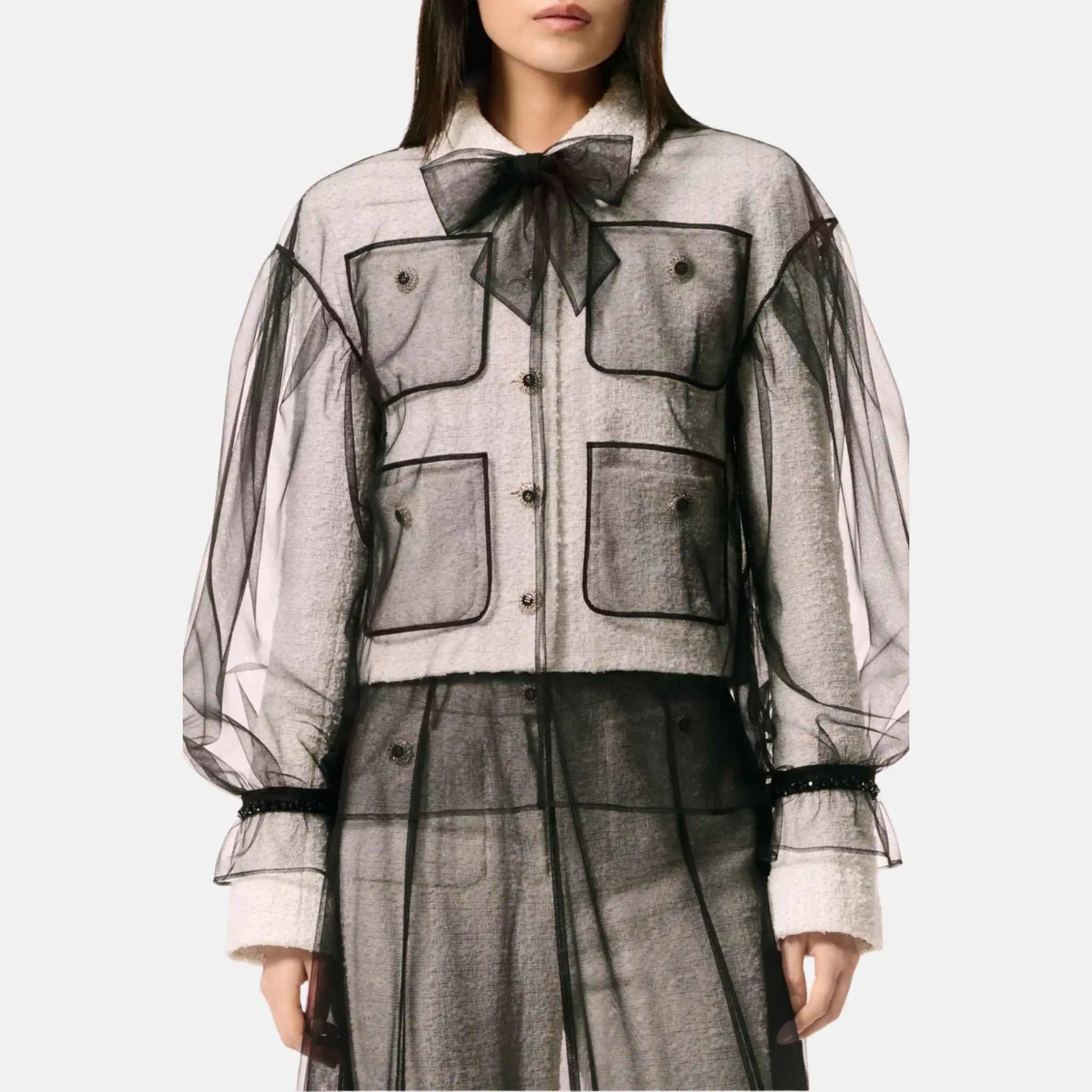 Chanel Long Sleeved Blouse Tulle Embroidered With Strass