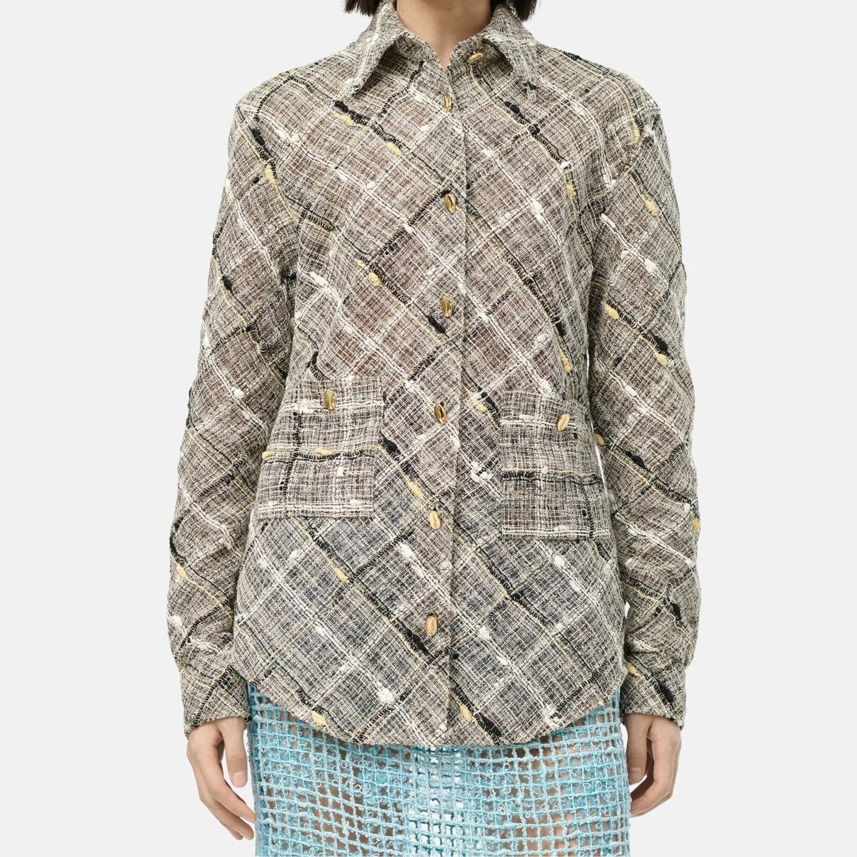 Chanel Long Sleeved Cotton Shirt Tweed in Black Grey and Yellow