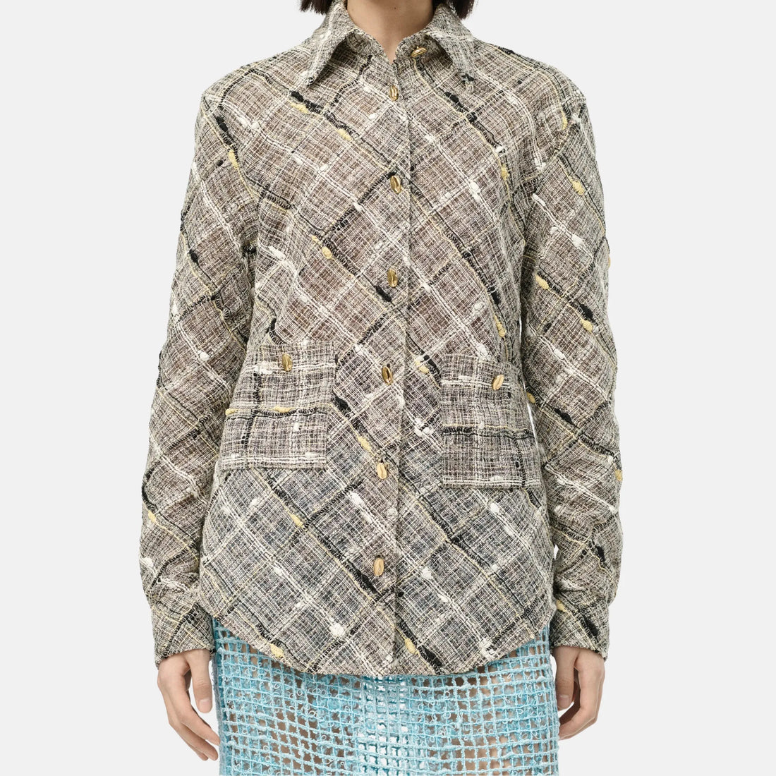 Chanel Long Sleeved Shirt Cotton Tweed in Black Grey and Yellow
