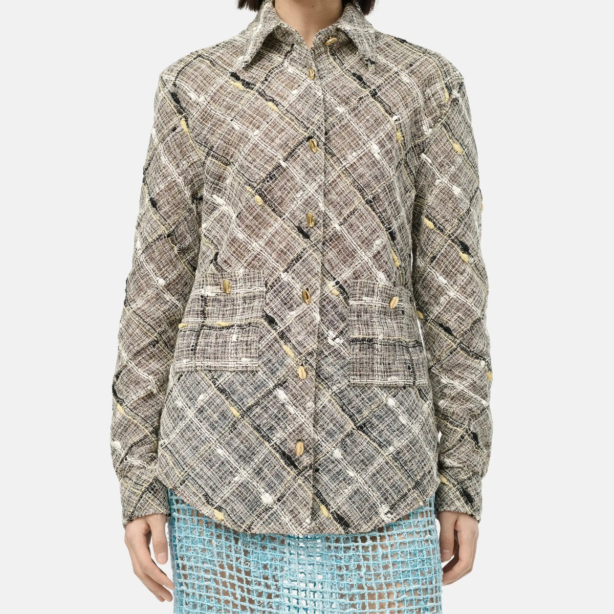 Long Sleeved Shirt Cotton Tweed in Black Grey and Yellow