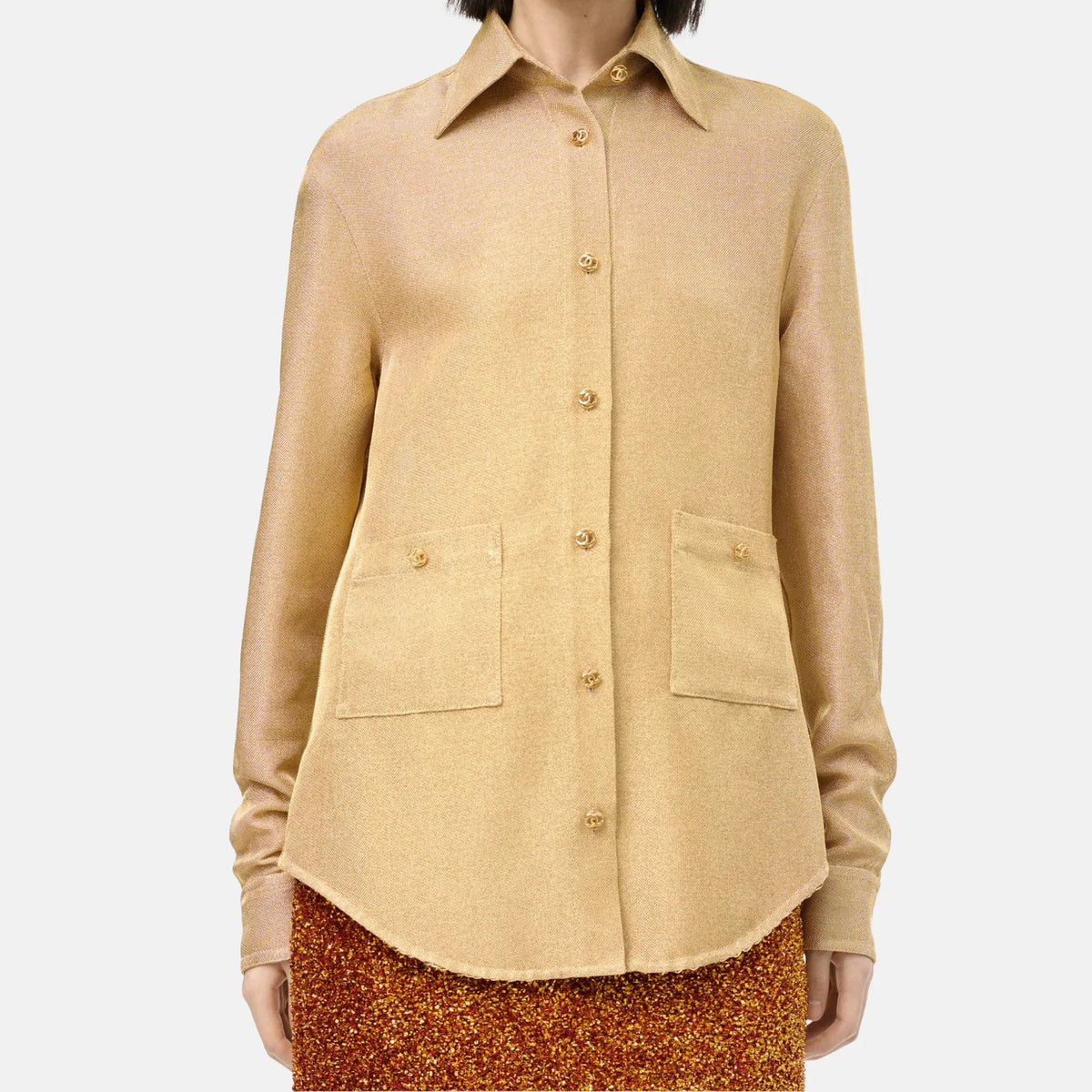 Chanel Long-Sleeved Shirt Mixed Fibers Metallic Fibers in Gold