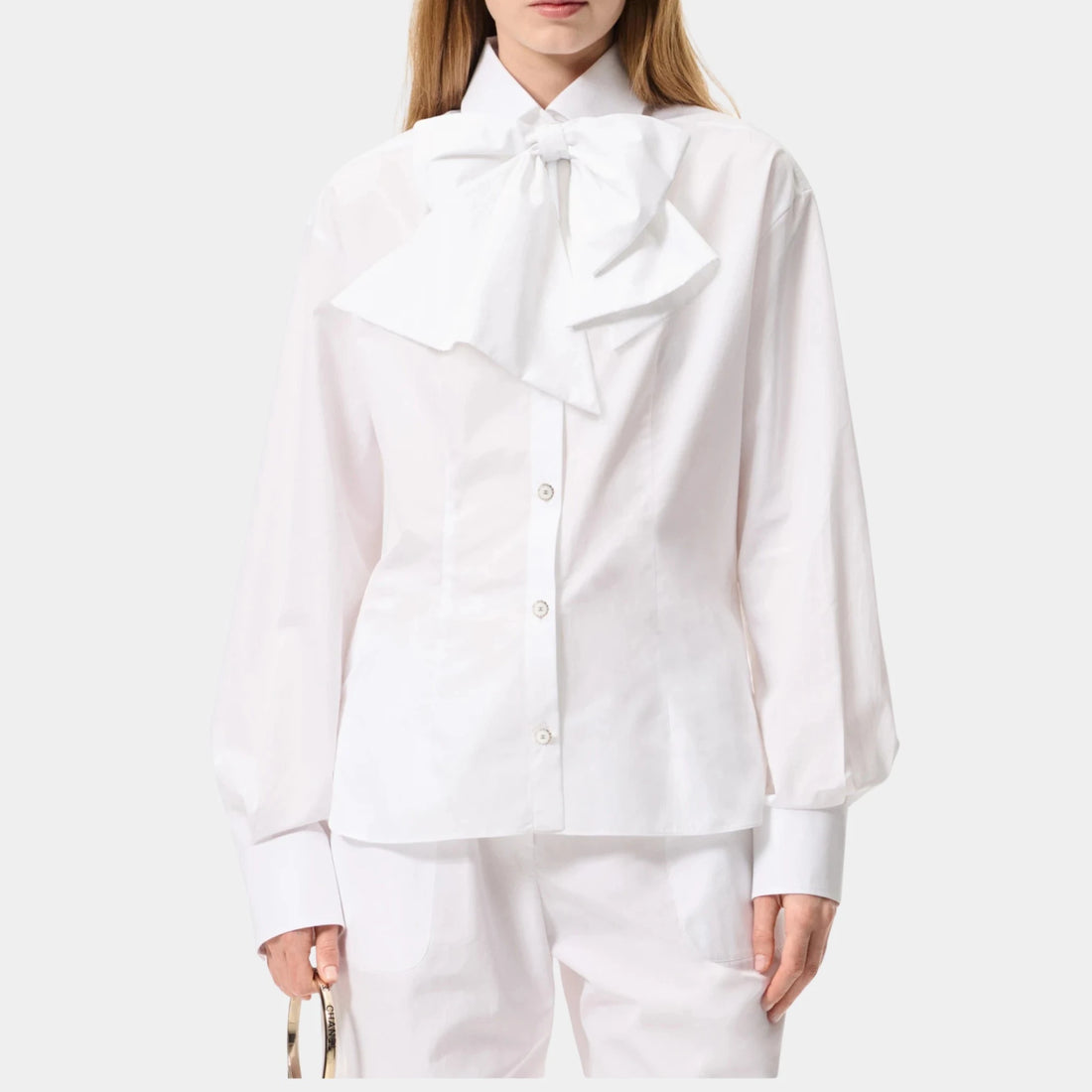Chanel Long-sleeved Shirt in White Cotton Poplin, White, Front