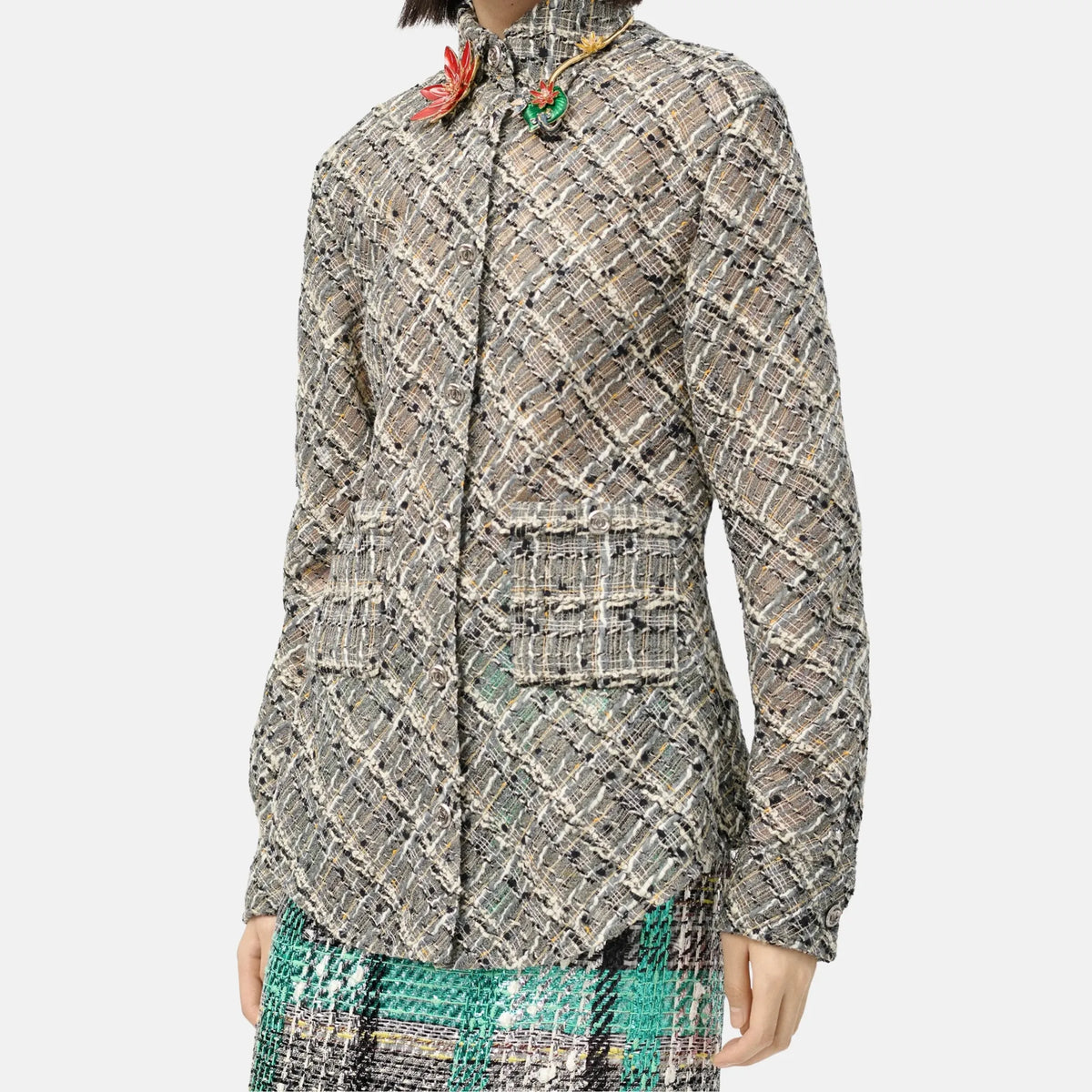 Long Sleeved Shirt Wool Tweed in Gray Black and Yellow