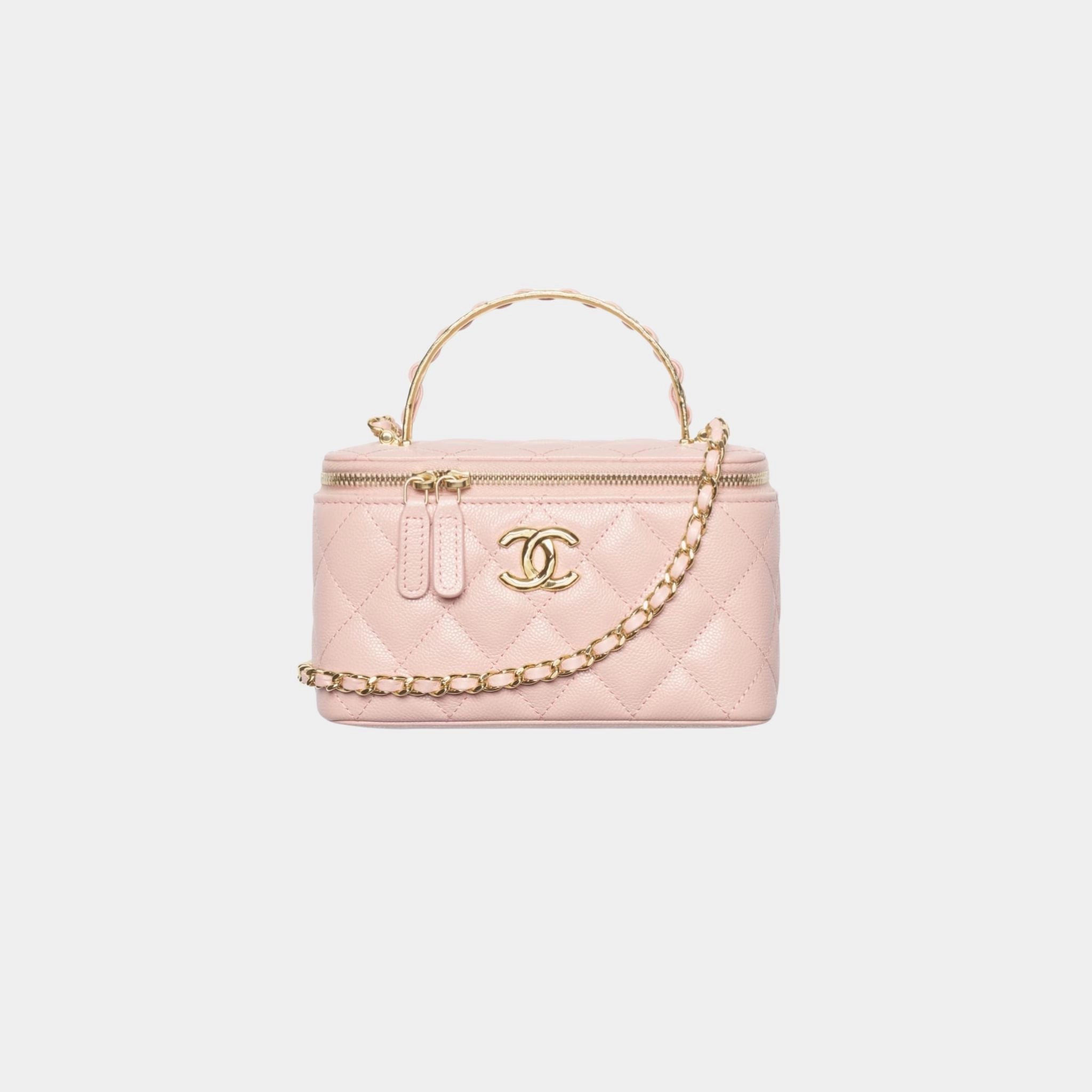 Long Vanity With Chain Grained Calfskin &amp; Gold-Tone metal, Dark Pink 