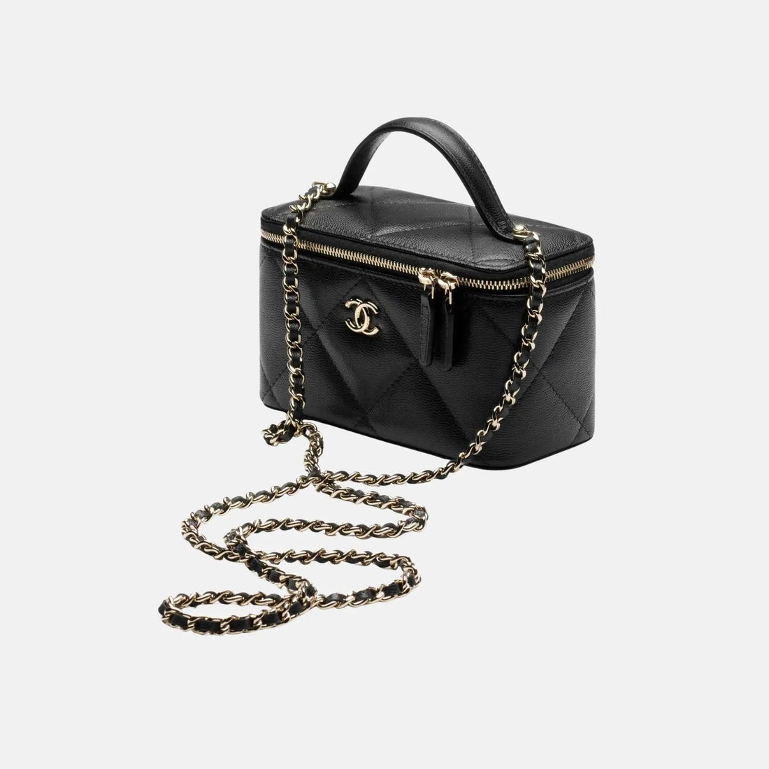 Chanel Long Vanity With Chain Grained Shiny Calfskin Gold Tone Metal Black, Front