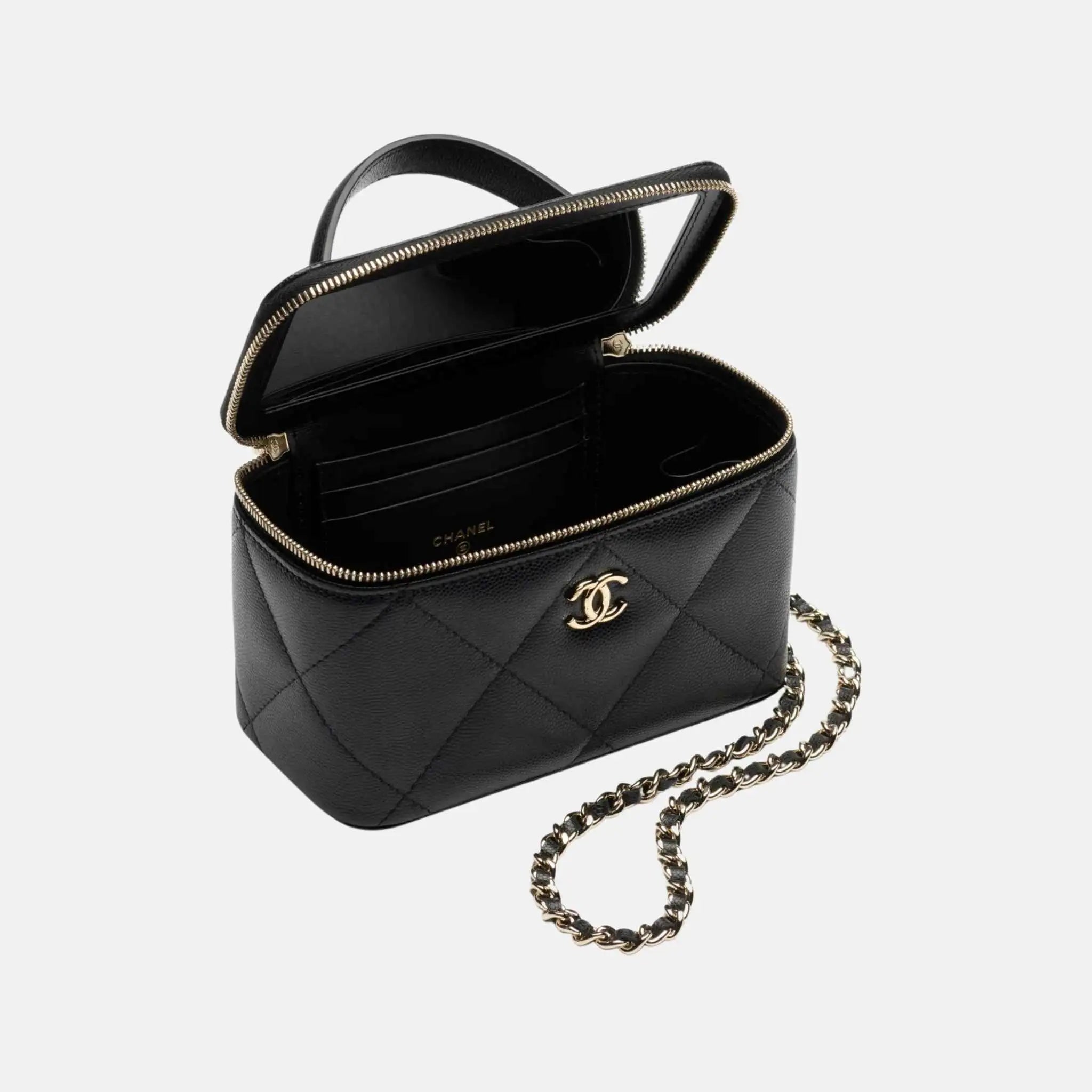 Chanel Long Vanity With Chain Grained Shiny Calfskin Gold Tone Metal Black, Inside