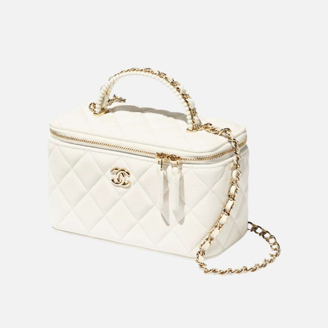 Chanel Long Vanity With Chain In Lambskin & Pearls White, Front