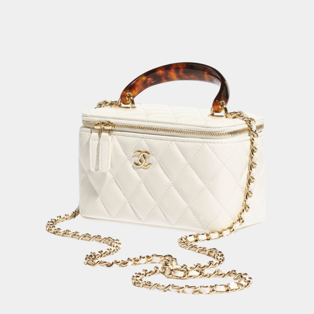 Chanel Long Vanity With Chain Lambskin Tortoise Effect Plexi & Gold Tone Metal, White, Side 