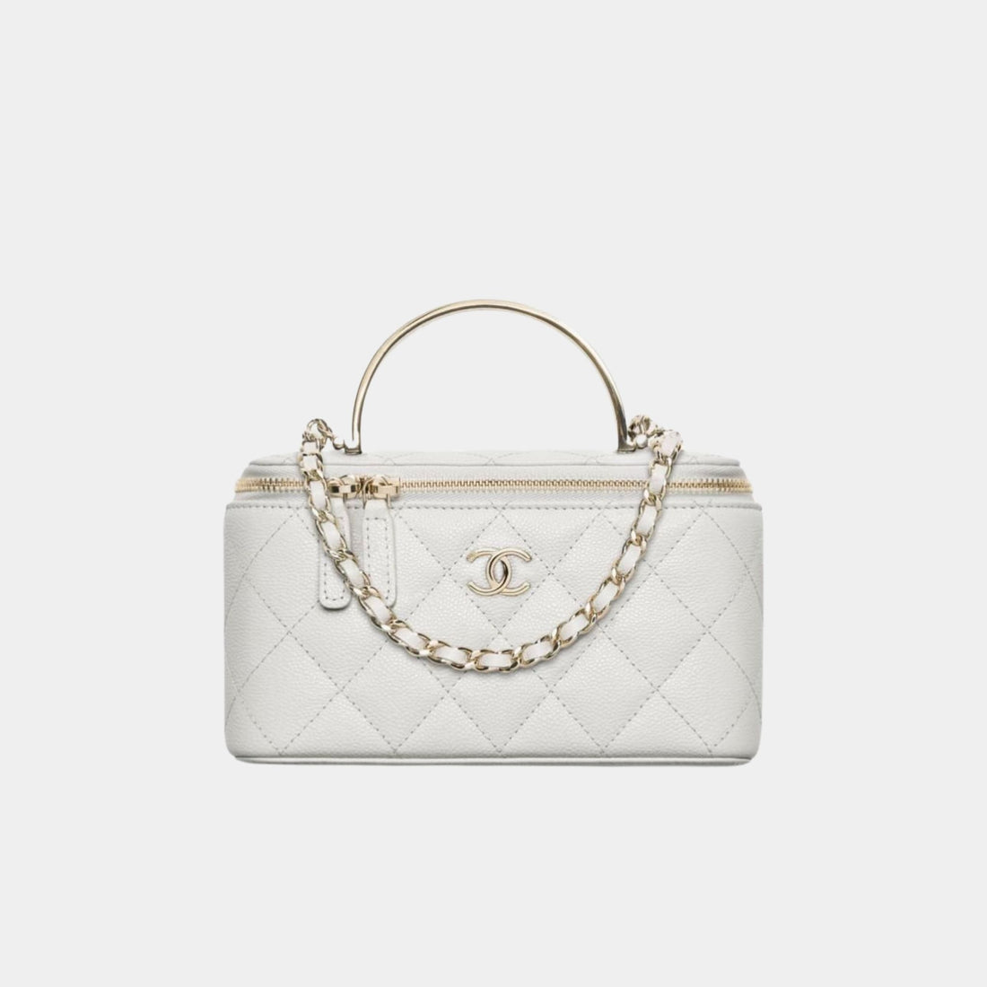 Chanel Long Vanity with Chain in Shiny Grained Calfskin and Enamel, Light Grey