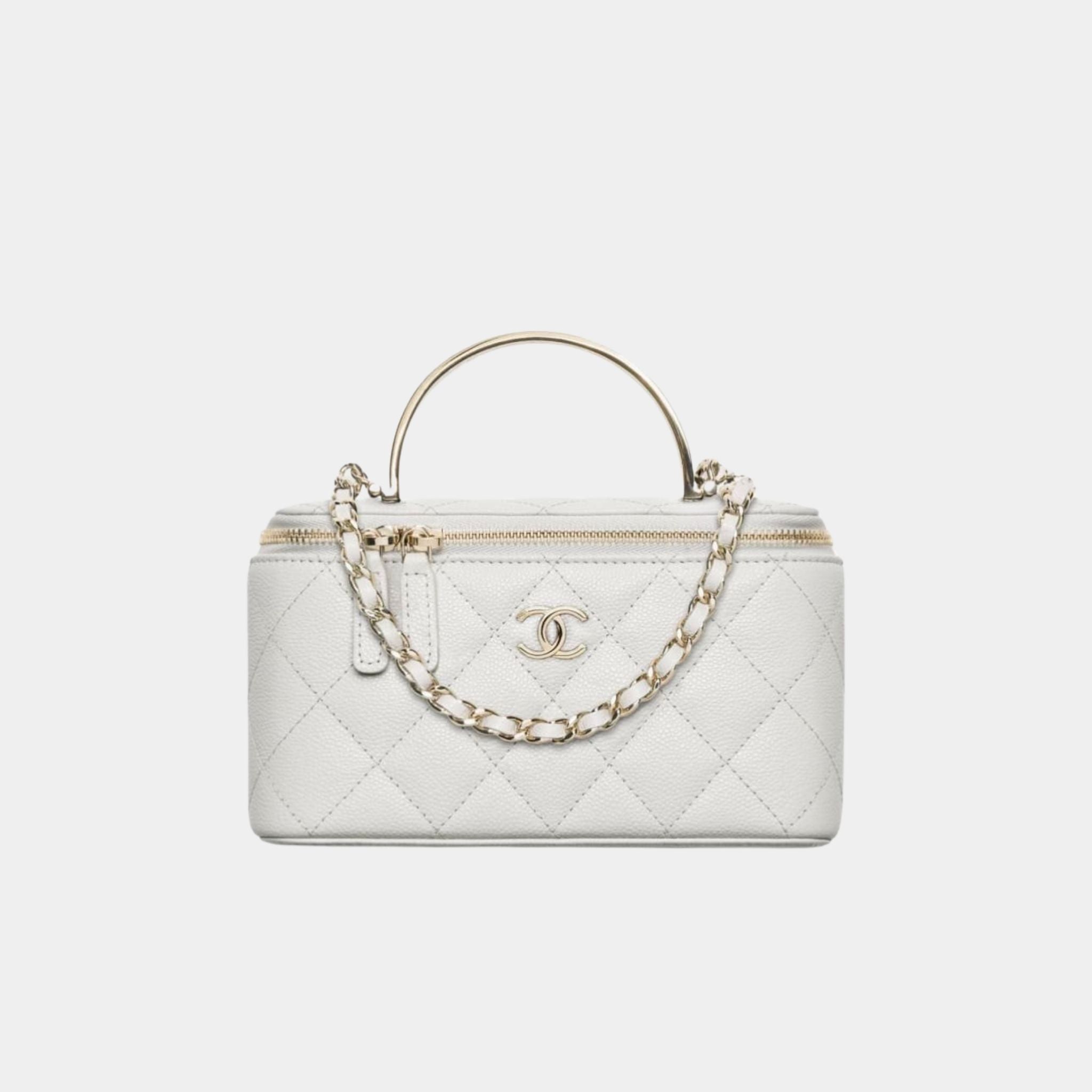Chanel Long Vanity with Chain in Shiny Grained Calfskin and Enamel, Light Grey