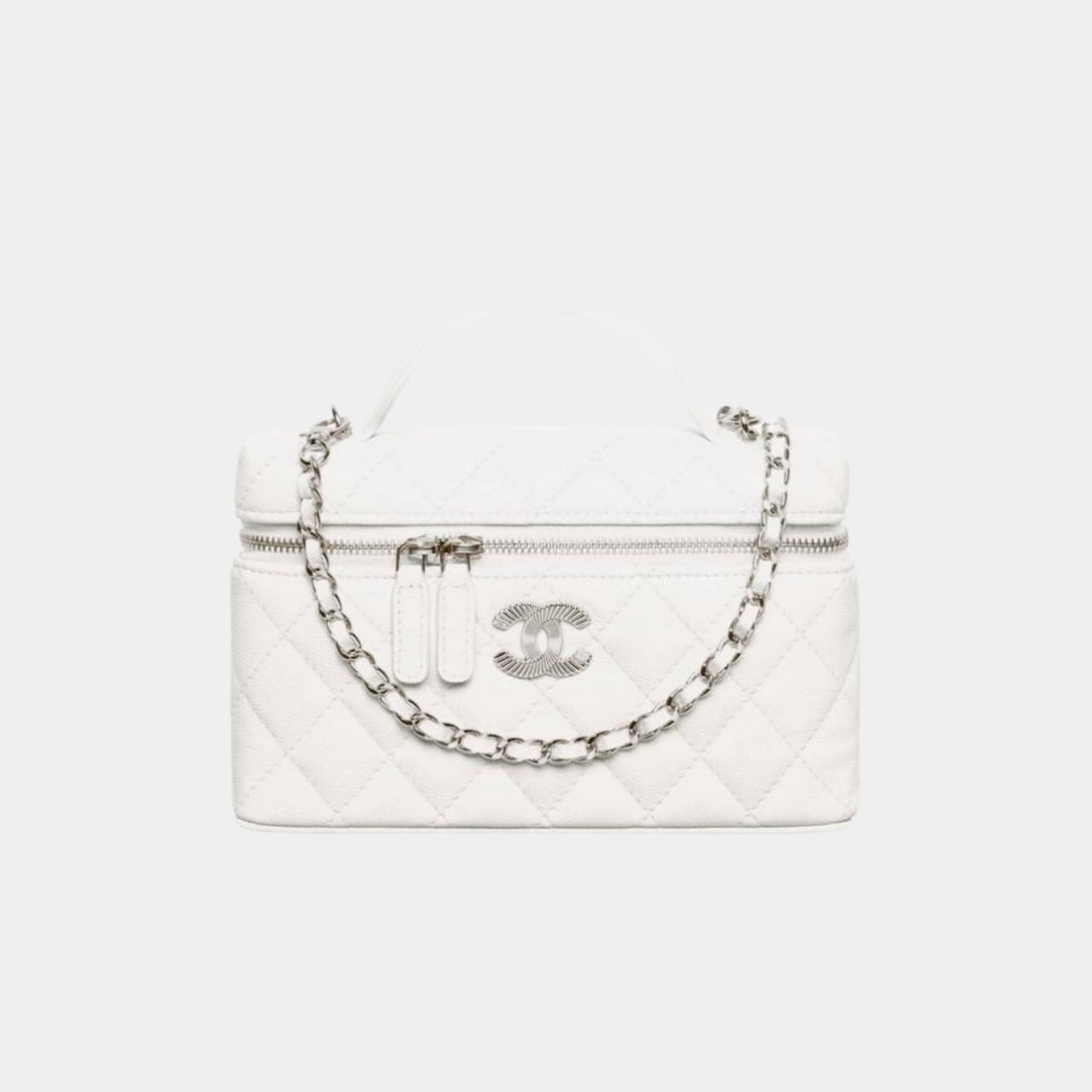 Chanel Long Vanity with Chain in Shiny Grained Calfskin and Silver Tone Metal, White