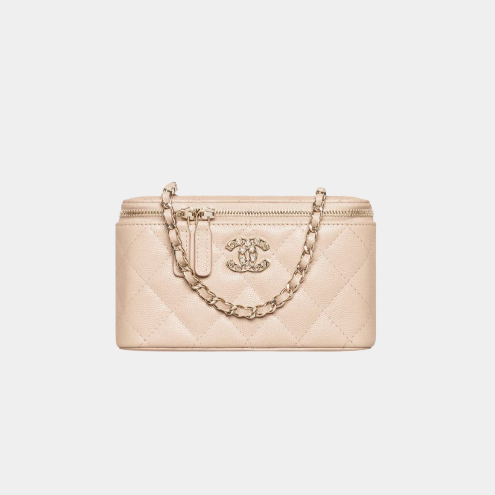 Chanel Long Vanity with Chain in Shiny Graind Calfskin and Strass, Beige