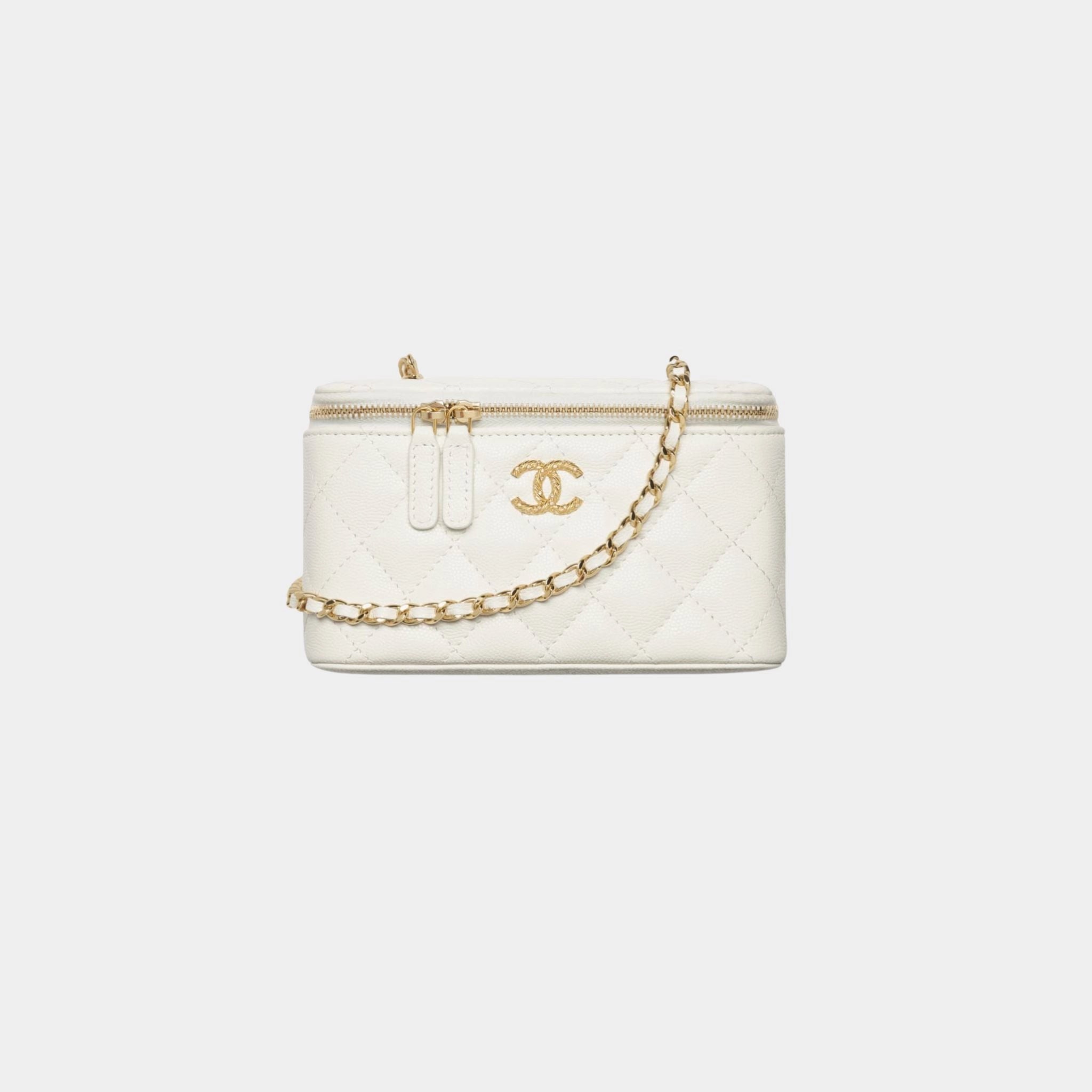 Chanel Long Vanity With Chain Shiny grained Calfskin Strass &amp; Gold Tone Metal, White